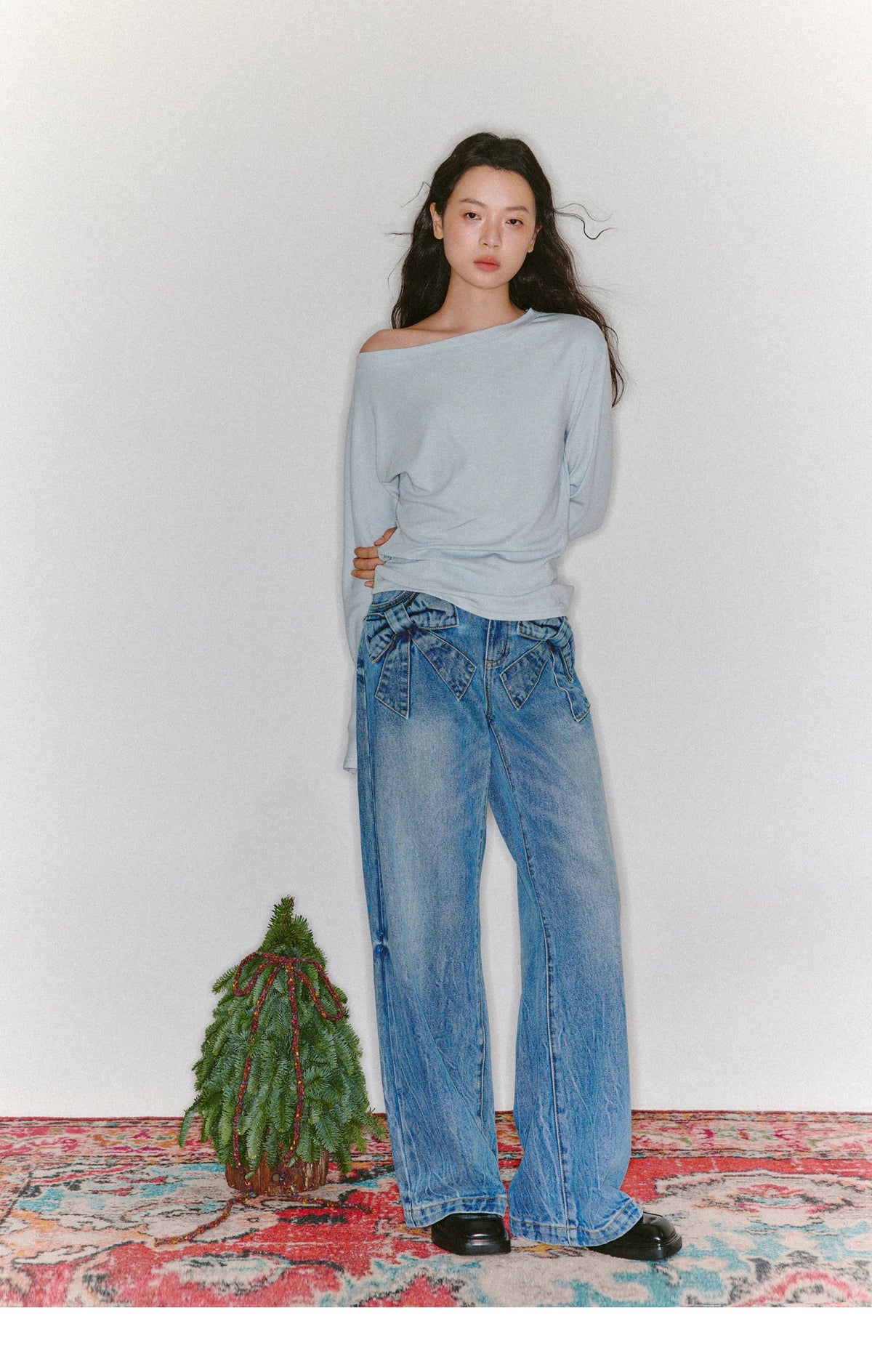 Bow Detail Wide-Leg Denim Jeans