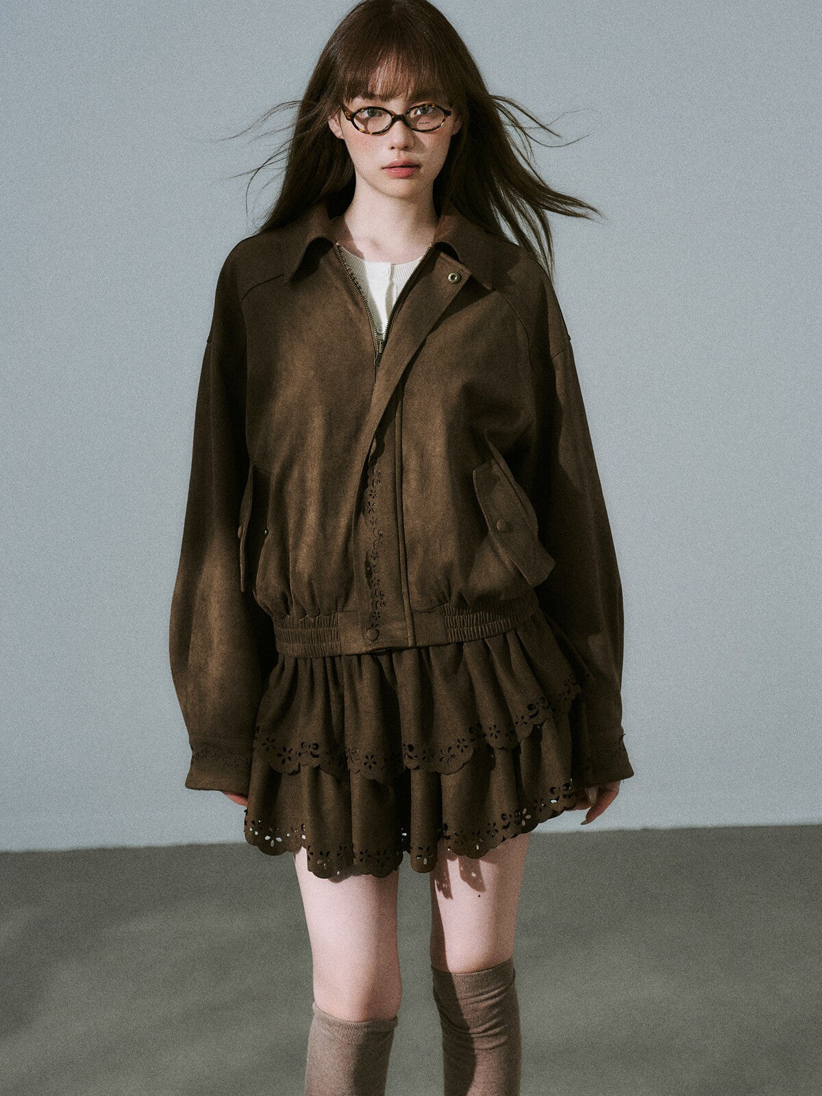Suede Zipper Jacket & Scalloped Skirt Setup