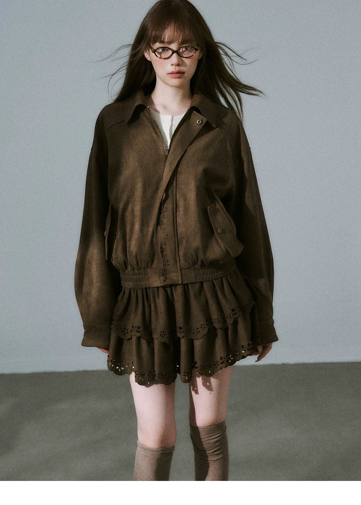 Suede Zipper Jacket & Scalloped Skirt Setup