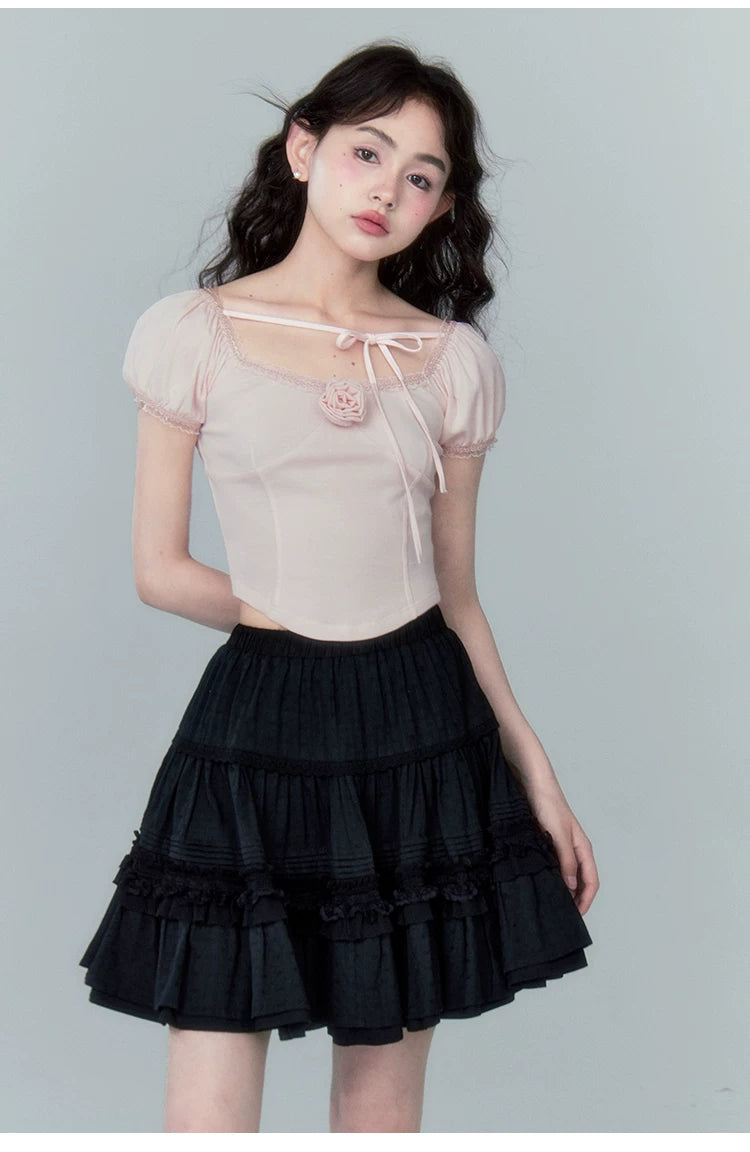 High Waist Jacquard Lace Fluffy Short Skirt