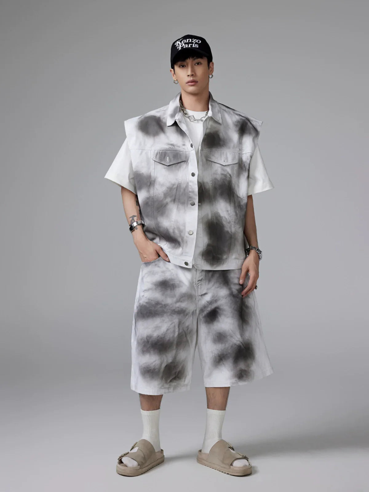 Paint-Splatter Washed Lightweight Denim Cropped Pants