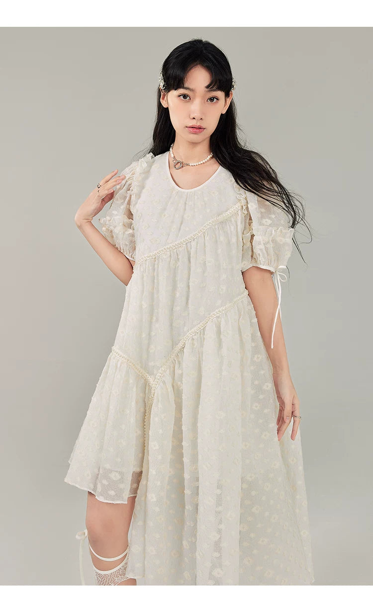 Jacquard Design Short Sleeve Dress With Irregular Hem Length