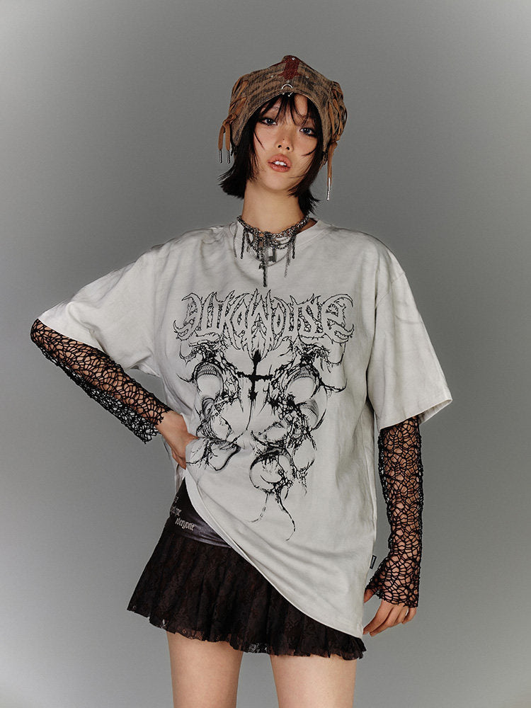 Washed Damage Oversize Short Sleeve T-Shirt & Spiderweb Mesh Long Sleeve Shirt