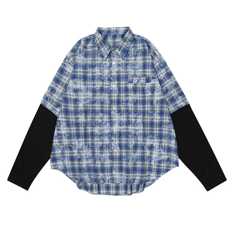 Plaid Fake Layered Letter Embroidery Dyeing Long Sleeve Shirt