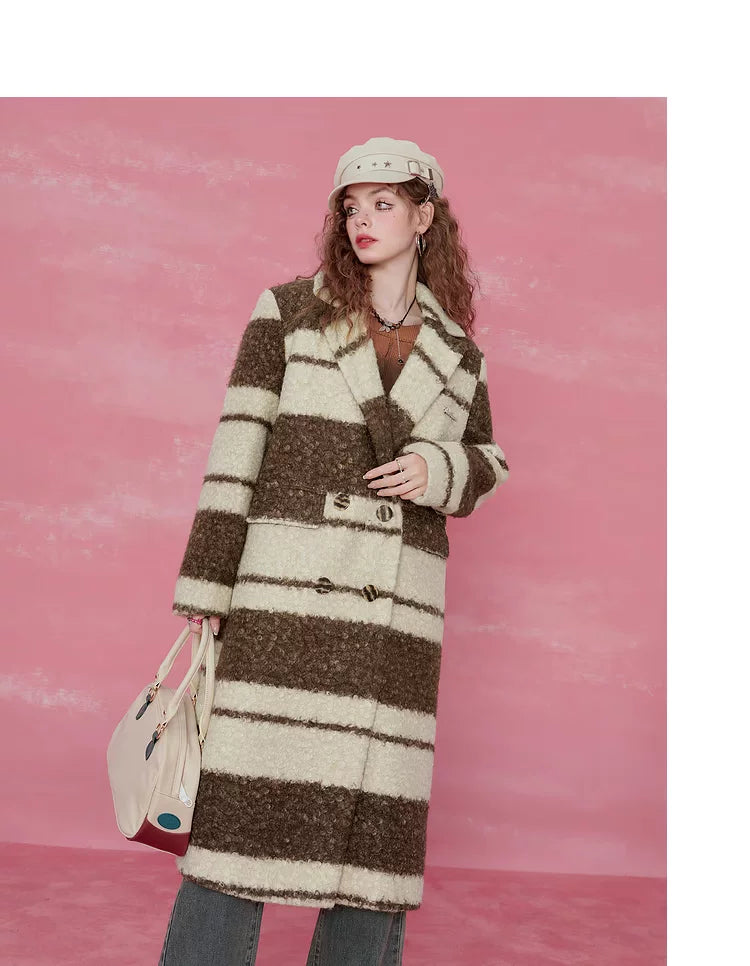 Contrast Stripe Fake Wool Mid-Length Coat