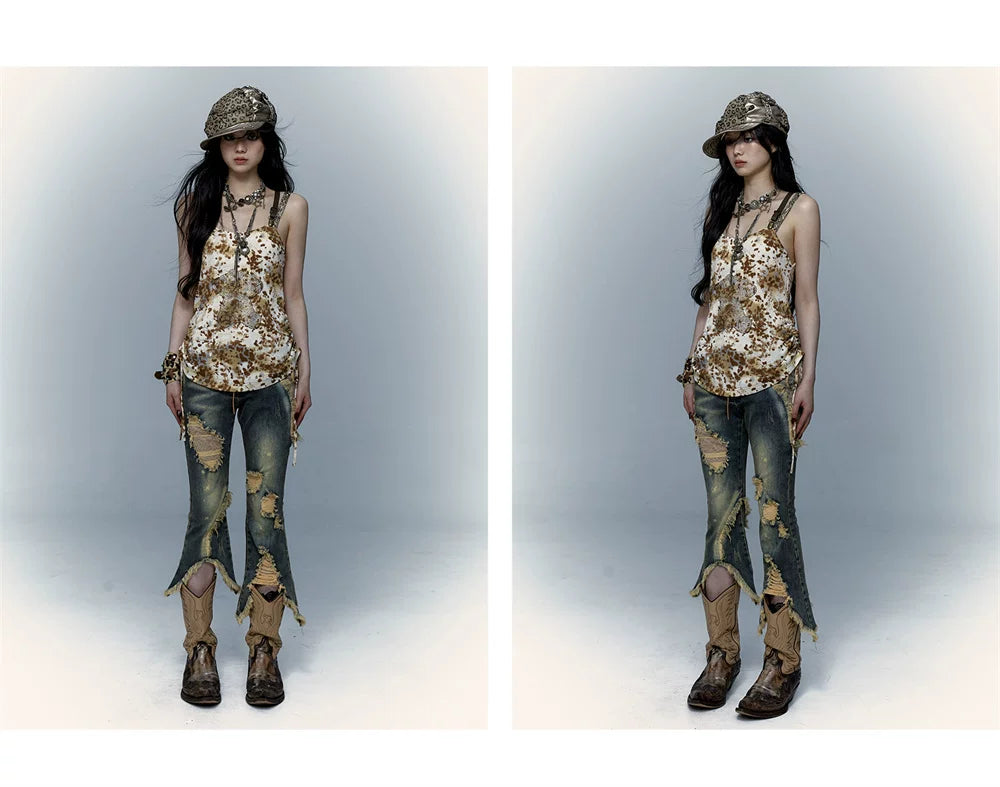 Damage Asymmetric Flare Denim Jeans