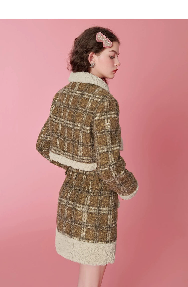 Fake Shearling Short Jacket & Pencil Skirt Setup