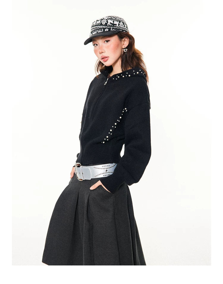 Pearl Embroidery Cropped Zipper Hoodie