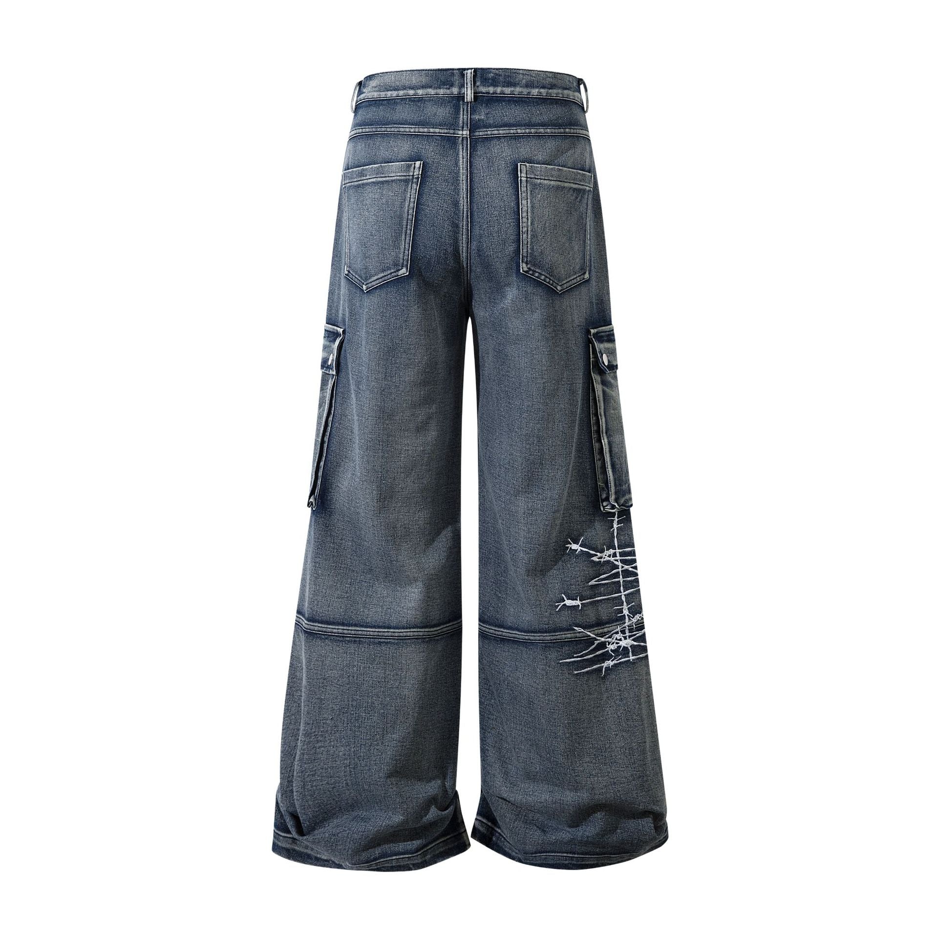 Cargo Pocket Embroidery Wide Leg Denim Jeans