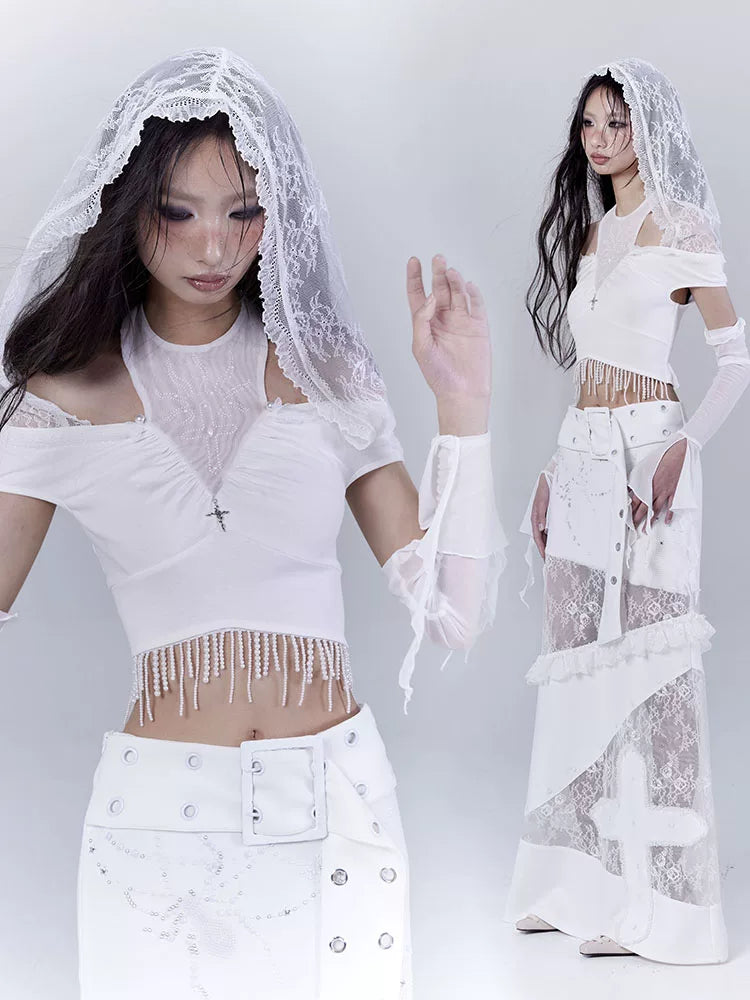 Off Shoulder Lace Pullover Hoodie & Arm Cover Set