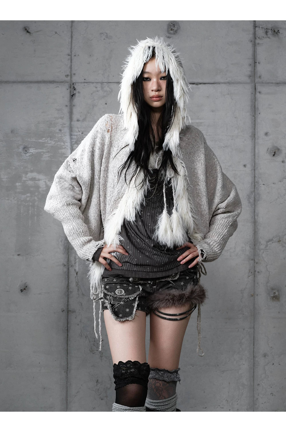 Fake Fur Trim Drawstring Oversize Knit Cardigan