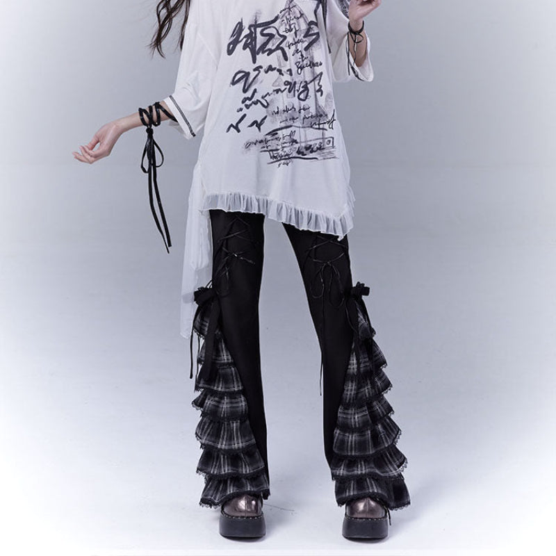Plaid Tie Detail Tiered Pants