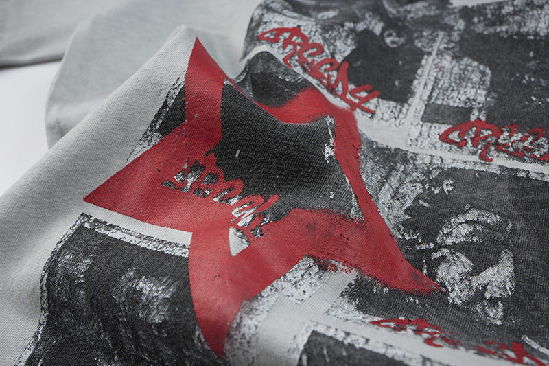 Washed Portrait Letter Print Short Sleeve T-Shirt