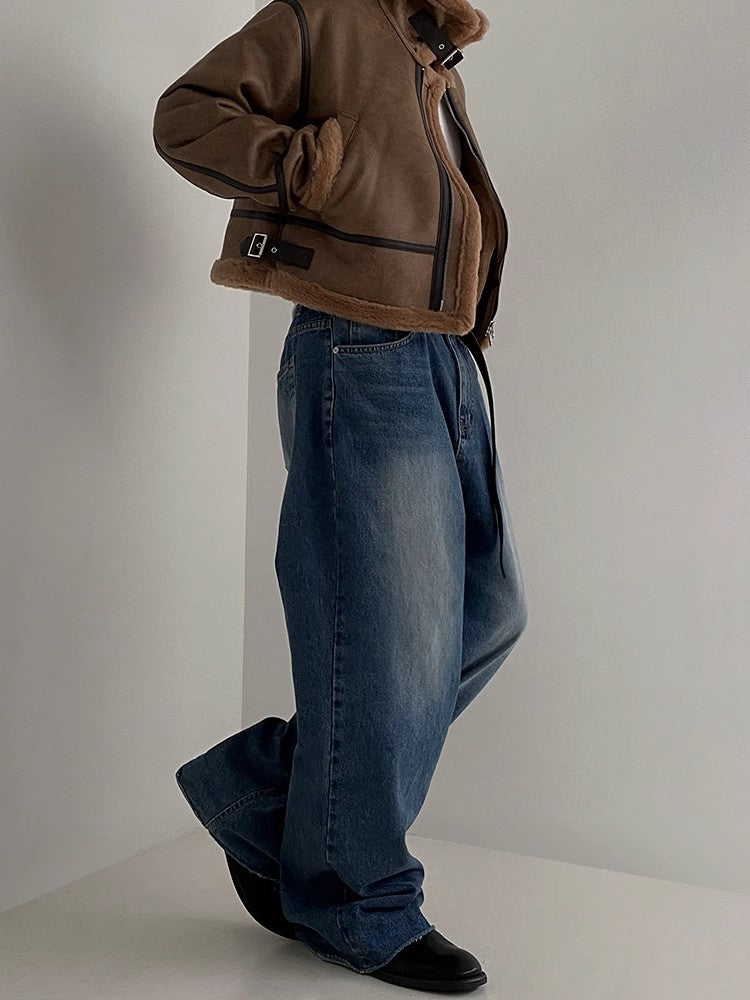 Boa Neck PU Leather Jacket