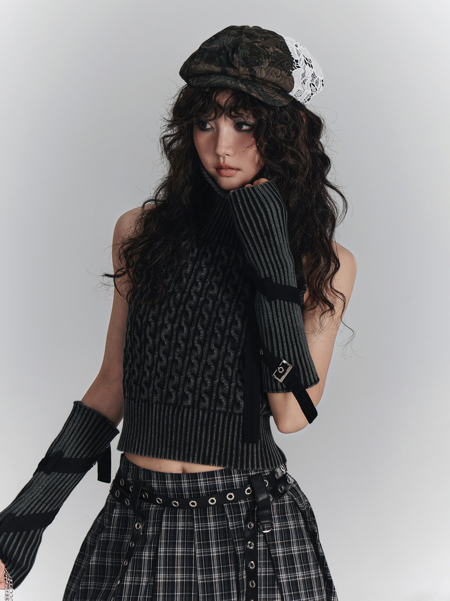 High-Neck Sleeveless Lace-Up Backless Knit Sweater & Arm Warmers