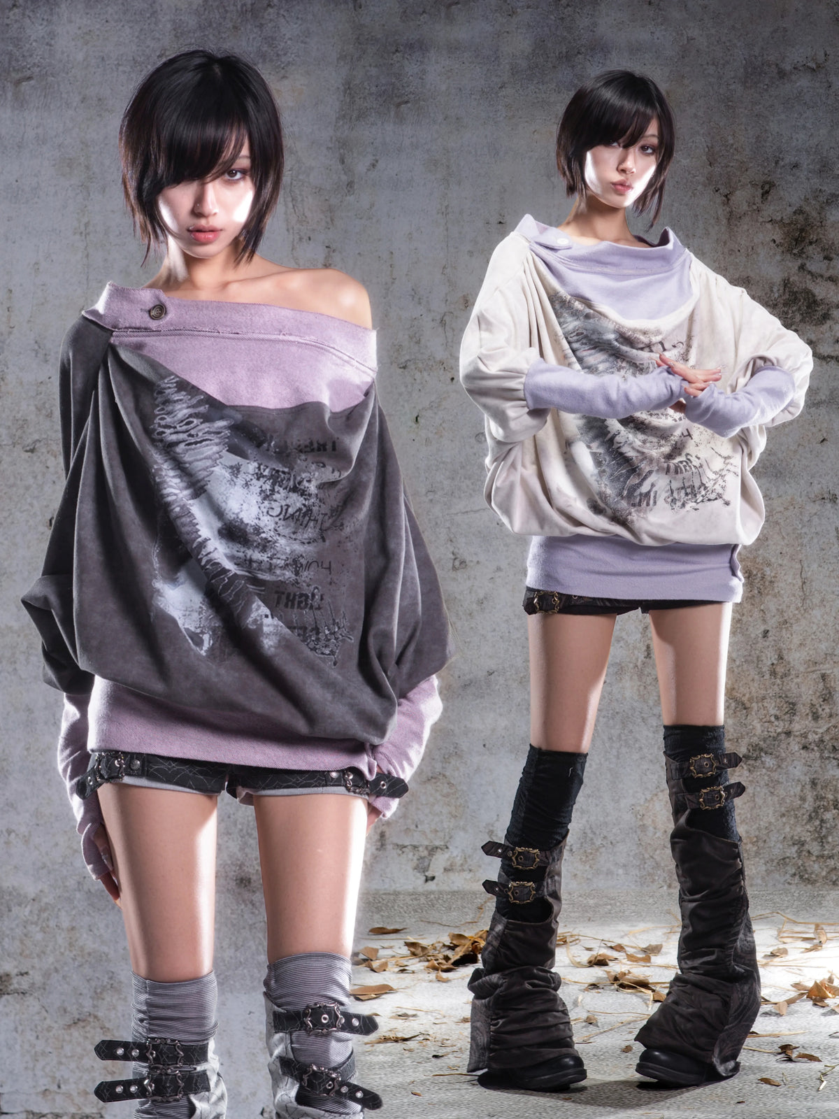 Original Fake Two-Piece Oversize Batwing Sleeve Floral Off-Shoulder Long Sleeve T-Shirts