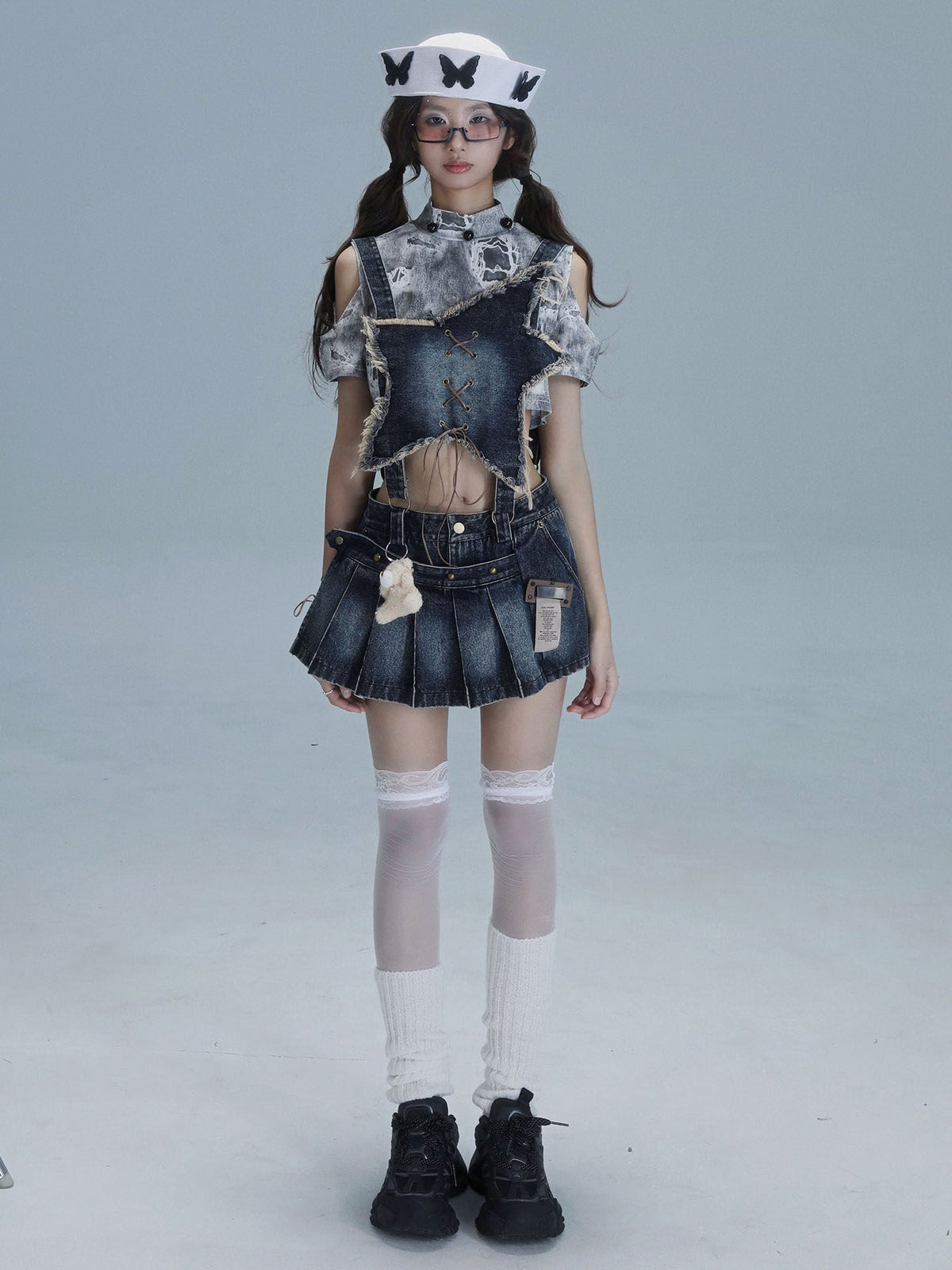 Detachable Washed Suspender Denim Short Skirt & Inner Shirts Set