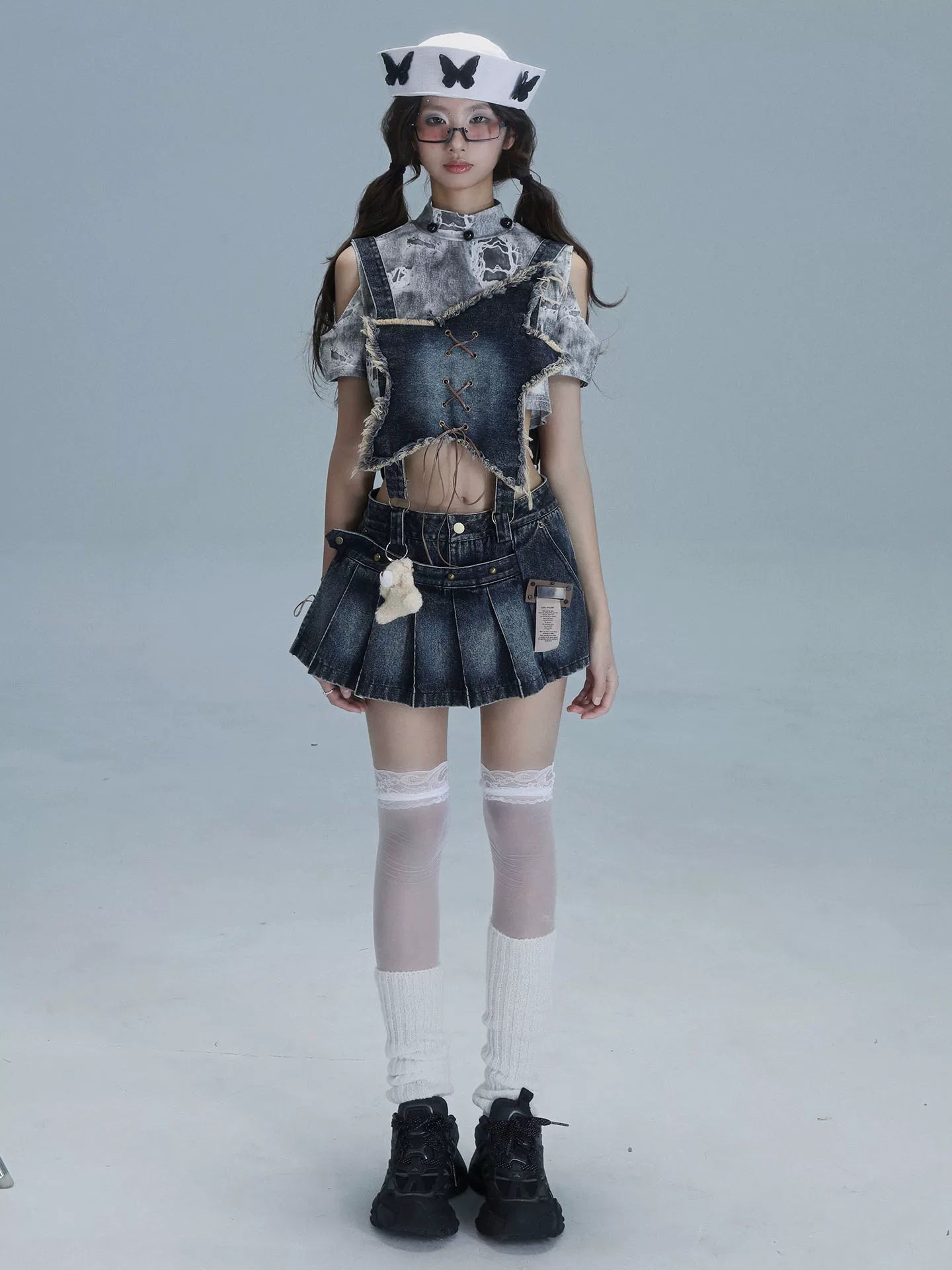 Detachable Washed Suspender Denim Short Skirt & Inner Shirts Set