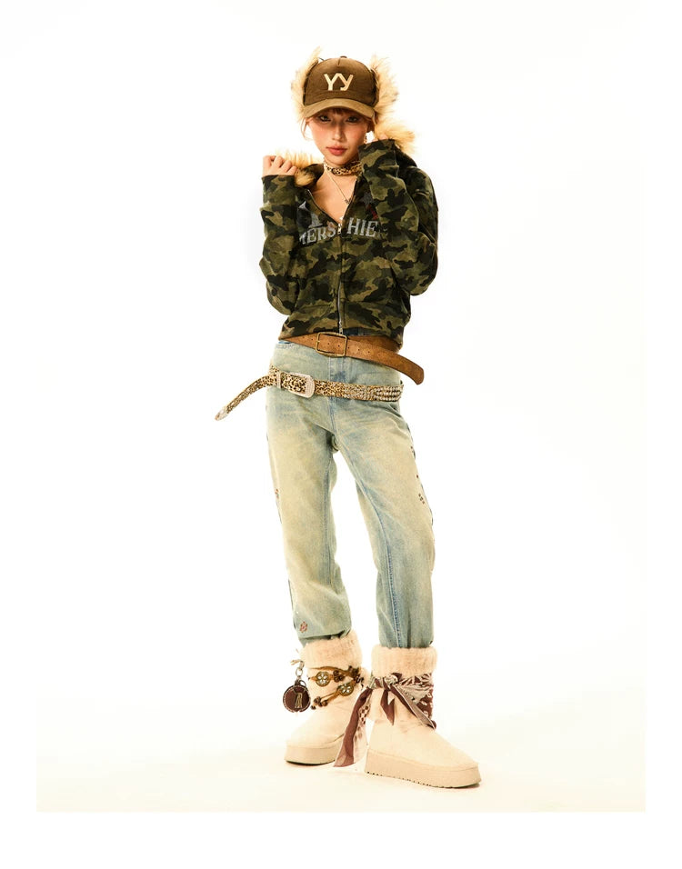 Camouflage Fake Fur Trim Star Patch Zipper Hooded Jacket