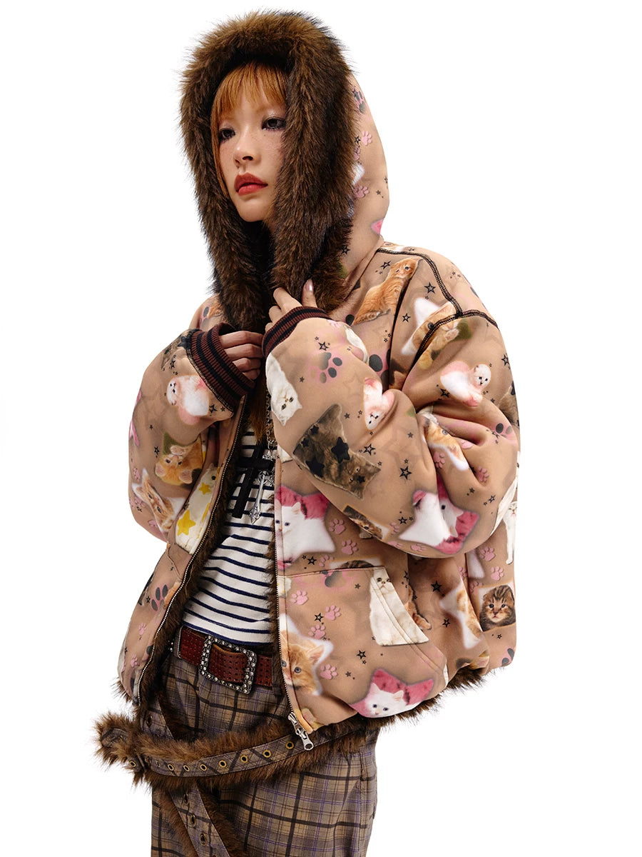 Cat Print Reversible Fur Zipper Jacket