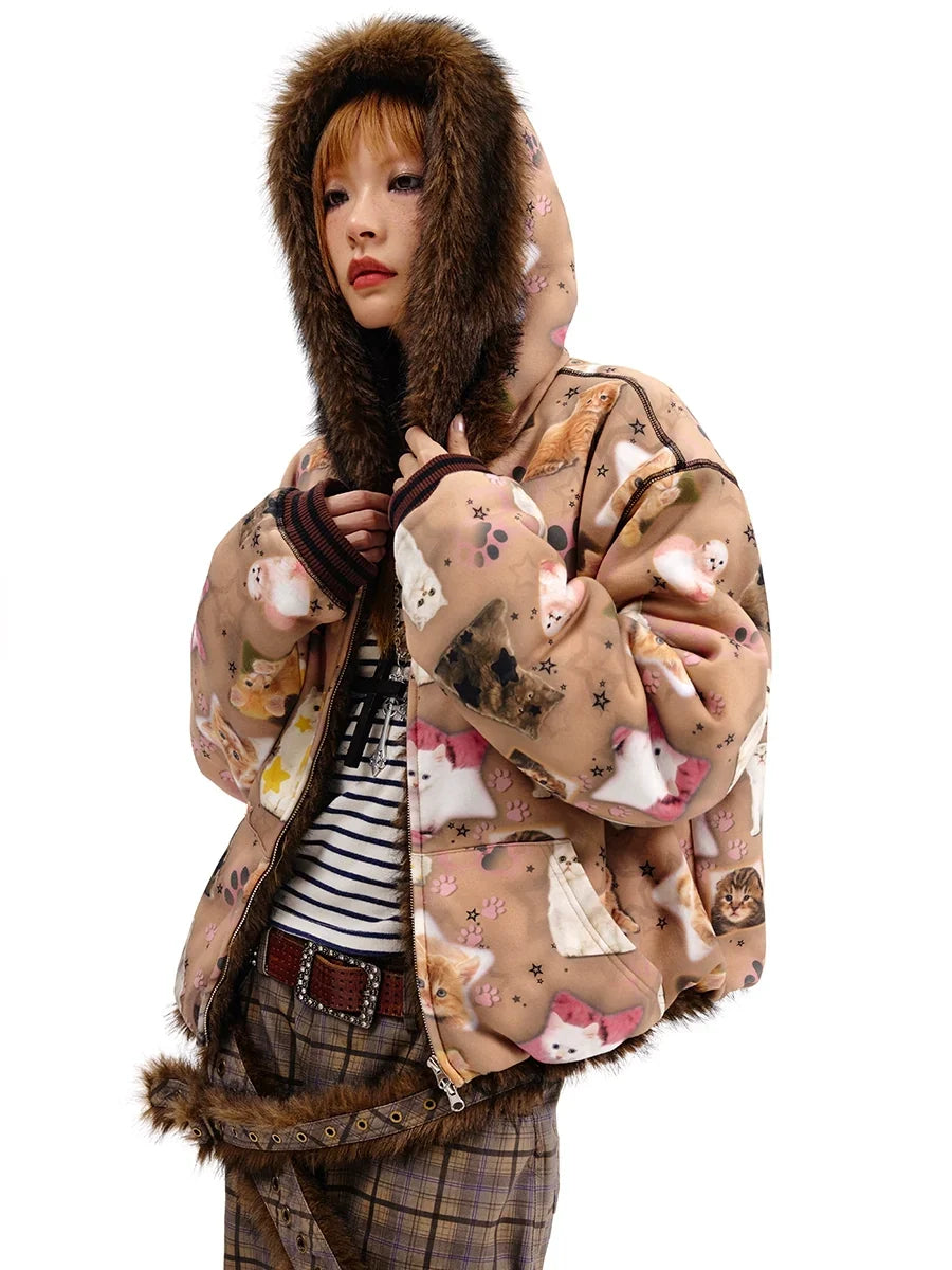 Cat Print Reversible Fur Zipper Jacket