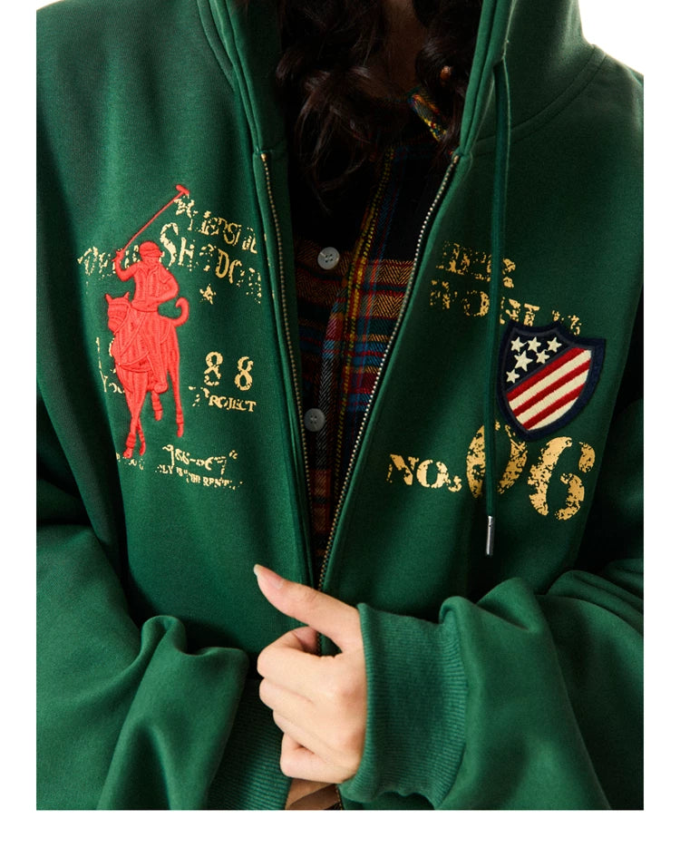 Letter Embroidery Washed Zipper Hoodie