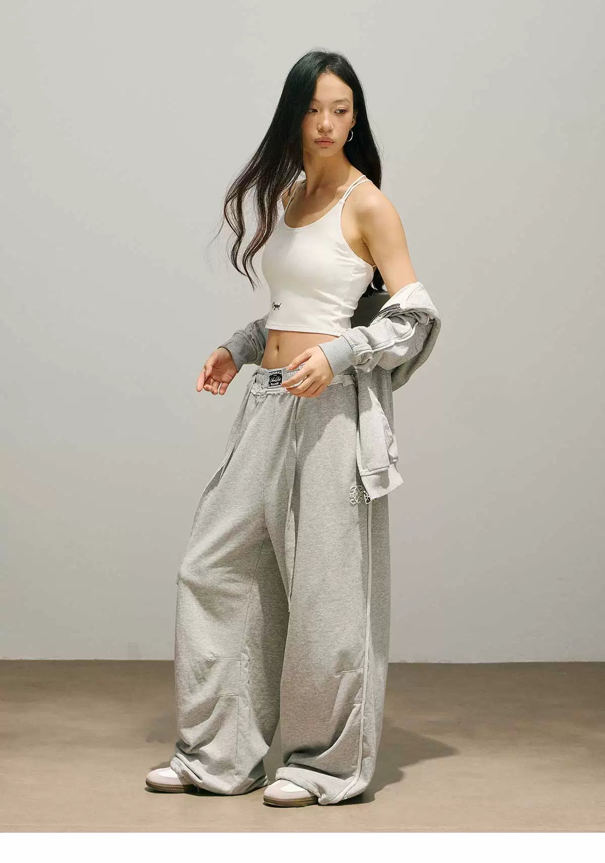 Plain Zip Hoodie & Drawstring Wide Leg Sweatpants Setup