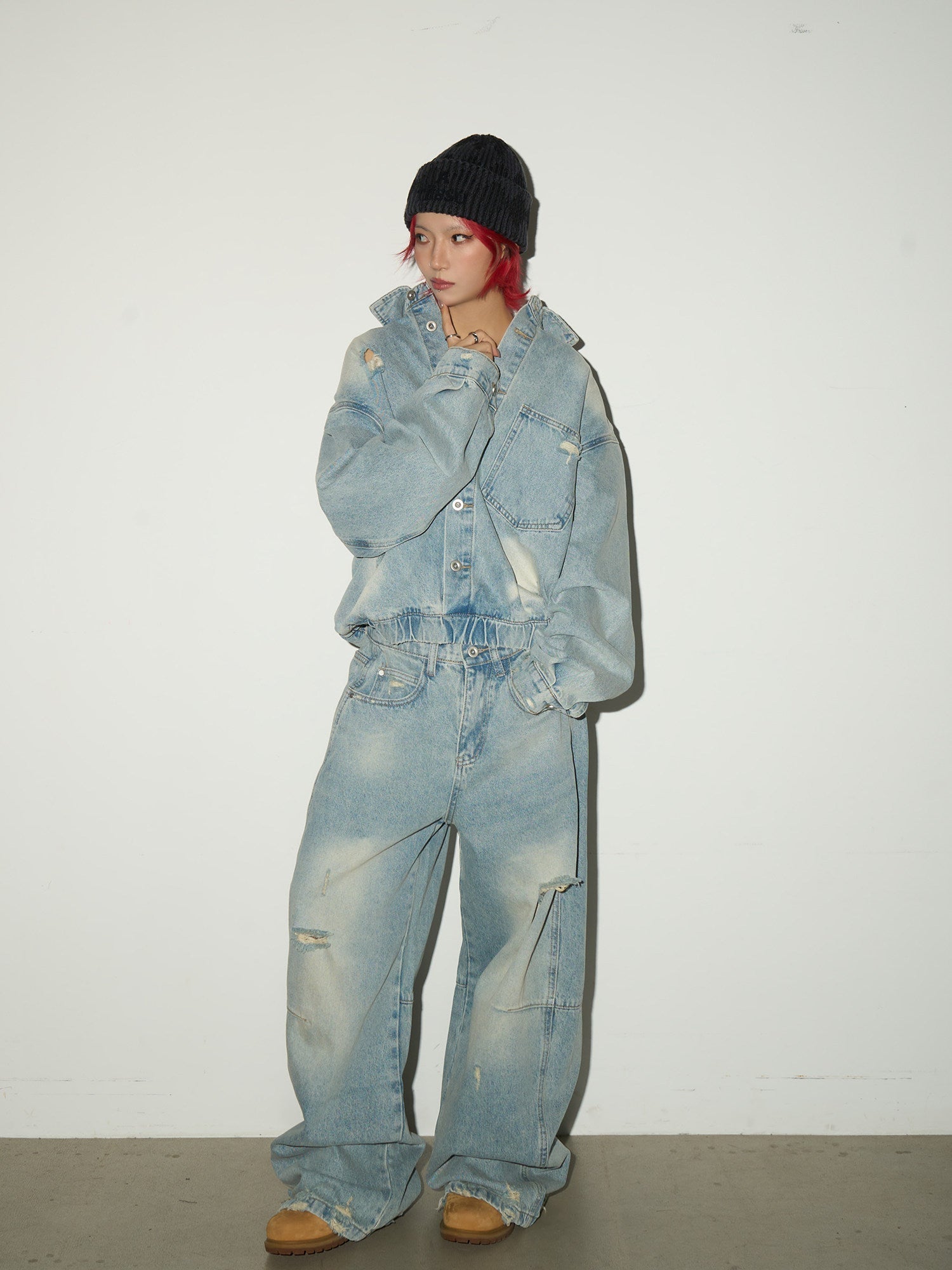 Ripped Damage Denim Jacket &wide Leg Denim Jeans Setup