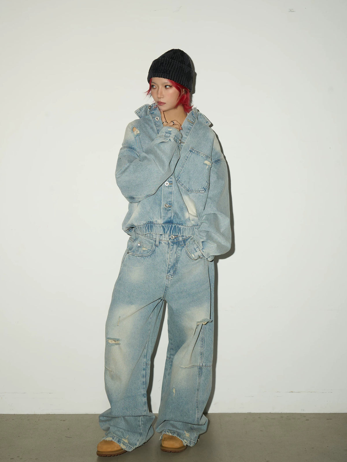 Ripped Damage Denim Jacket &wide Leg Denim Jeans Setup
