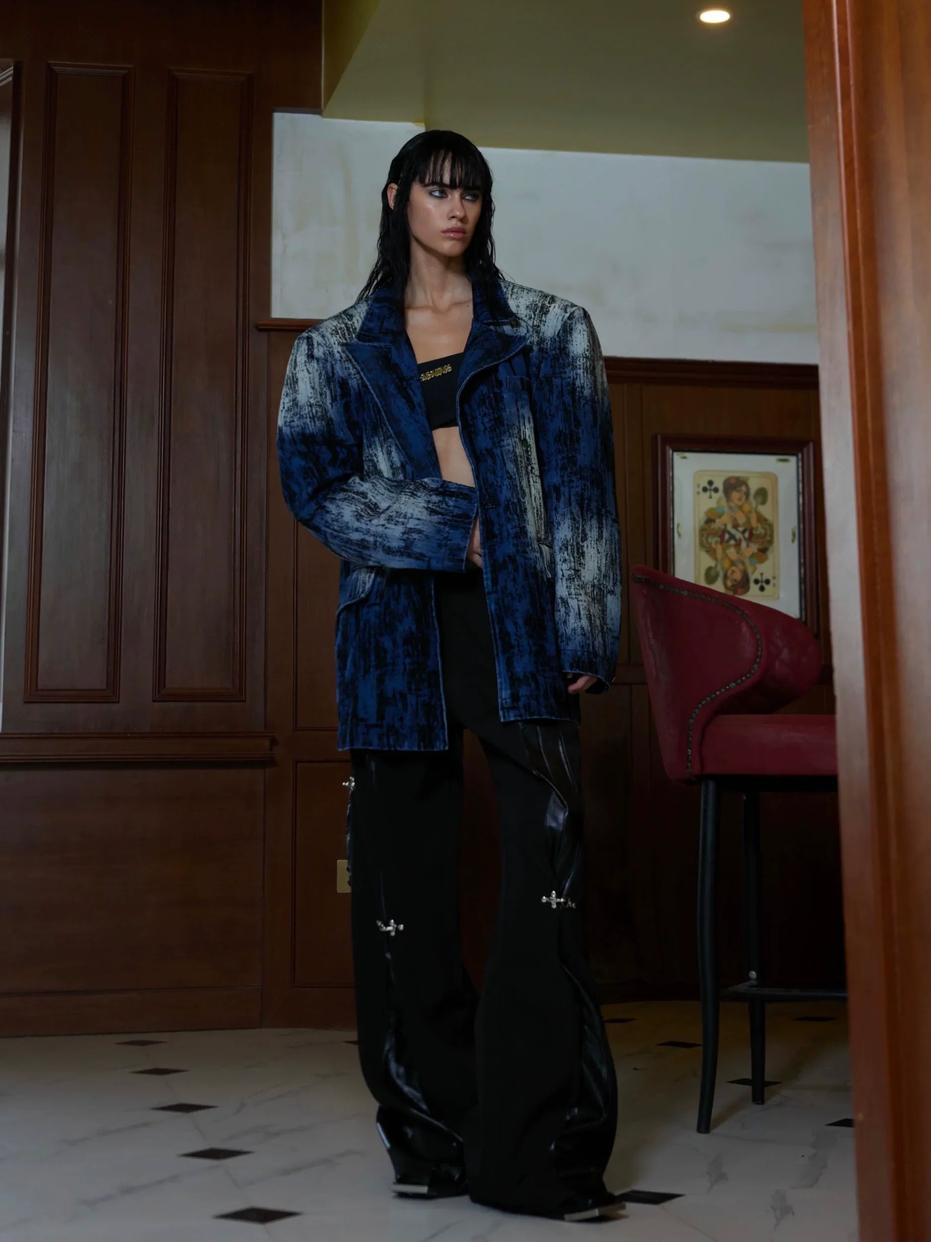 Tie Dye Vintage Design Shoulder Pad Denim Jacket