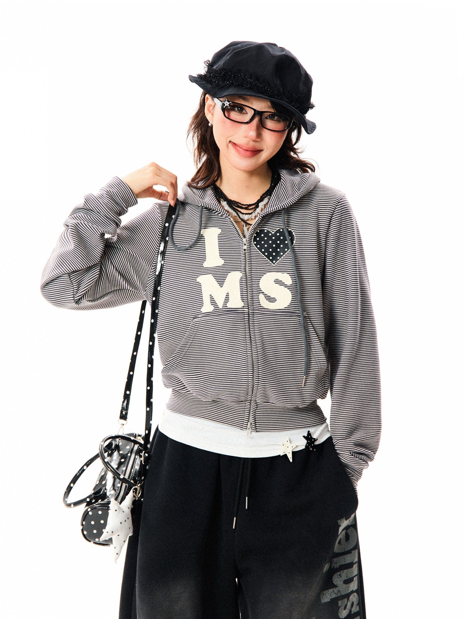 Heart Letter Print Stripe Cropped Zipper Hoodie
