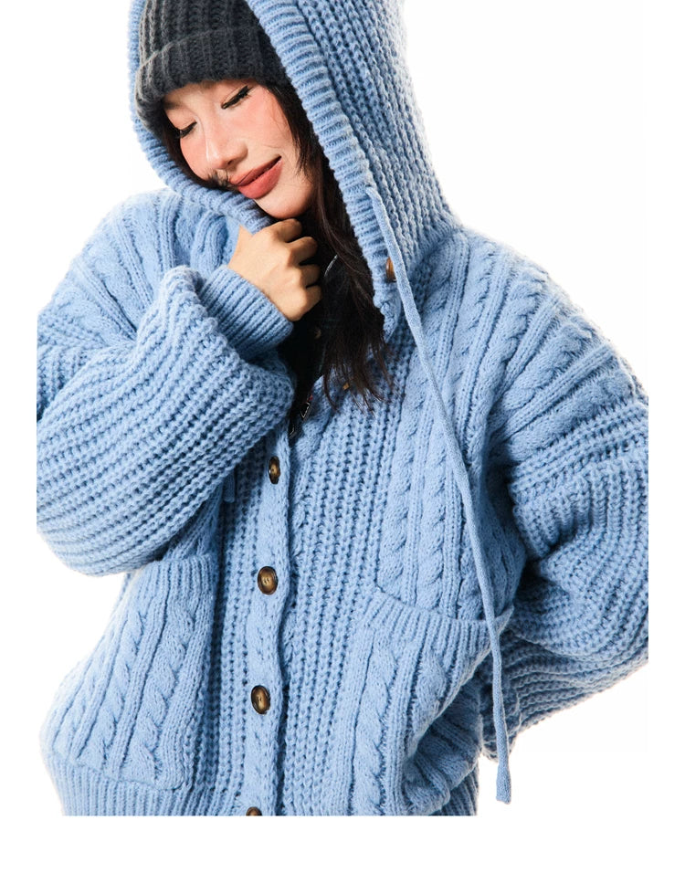 Hooded Button Oversize Cable Knit Cardigan