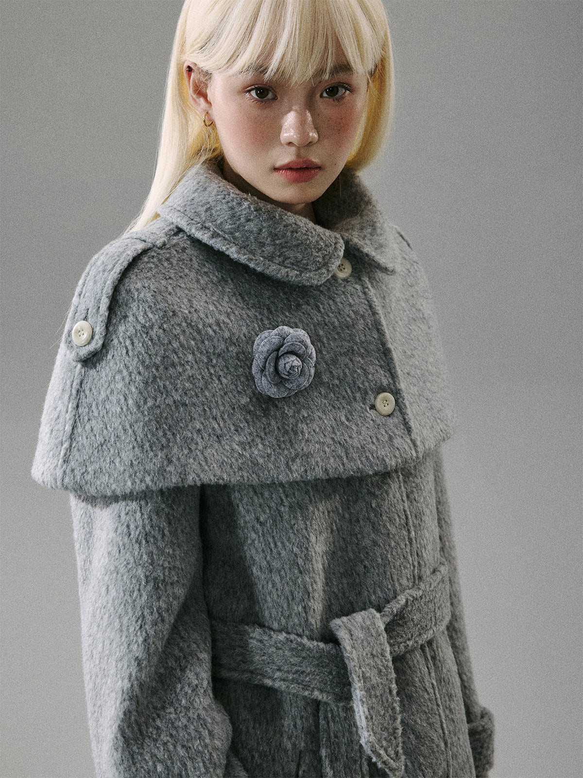 Cape Collar & Flower Detail Belted Coat