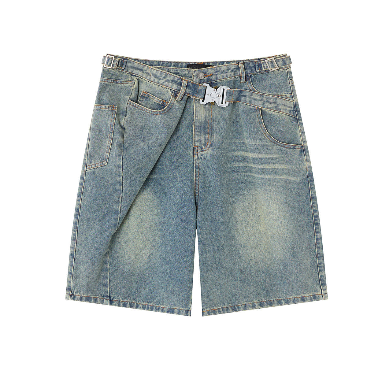 Washed Whisker Metal Buckle Denim Jort