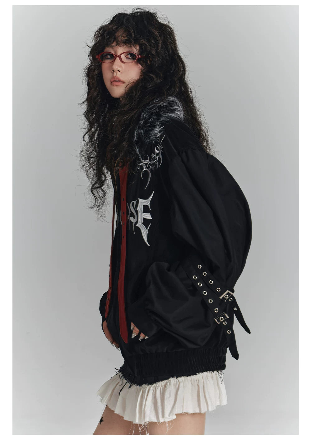 Embroidery Fur Collar Oversize Zipper Jacket