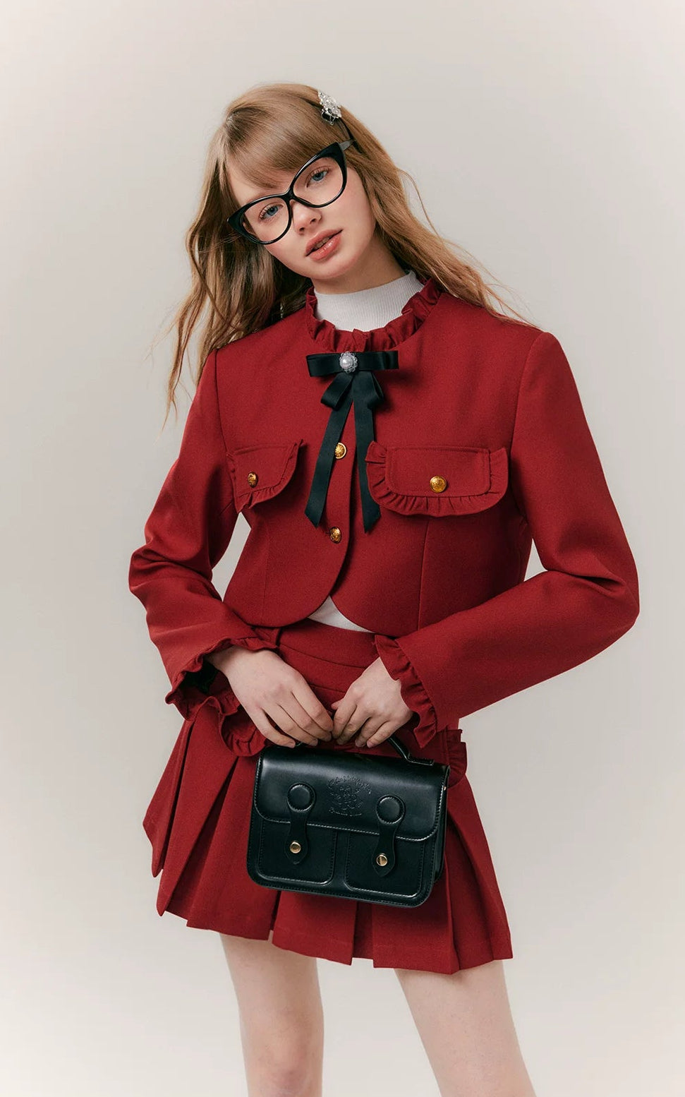 Red Bow-Knot Pleated Skirt & Blazer Jacket Setup