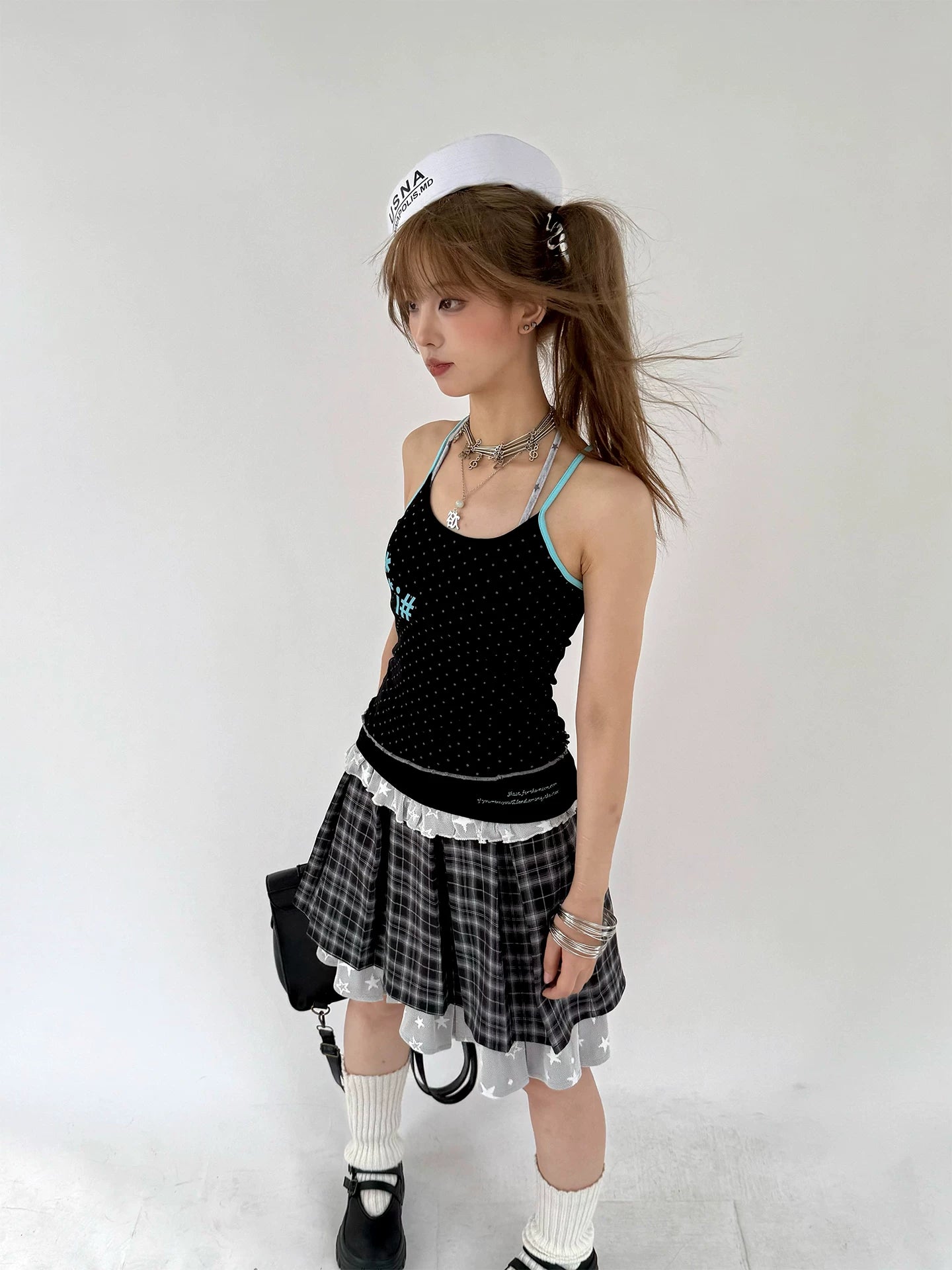 Plaid Lace Layered Star A-Line Short Skirt