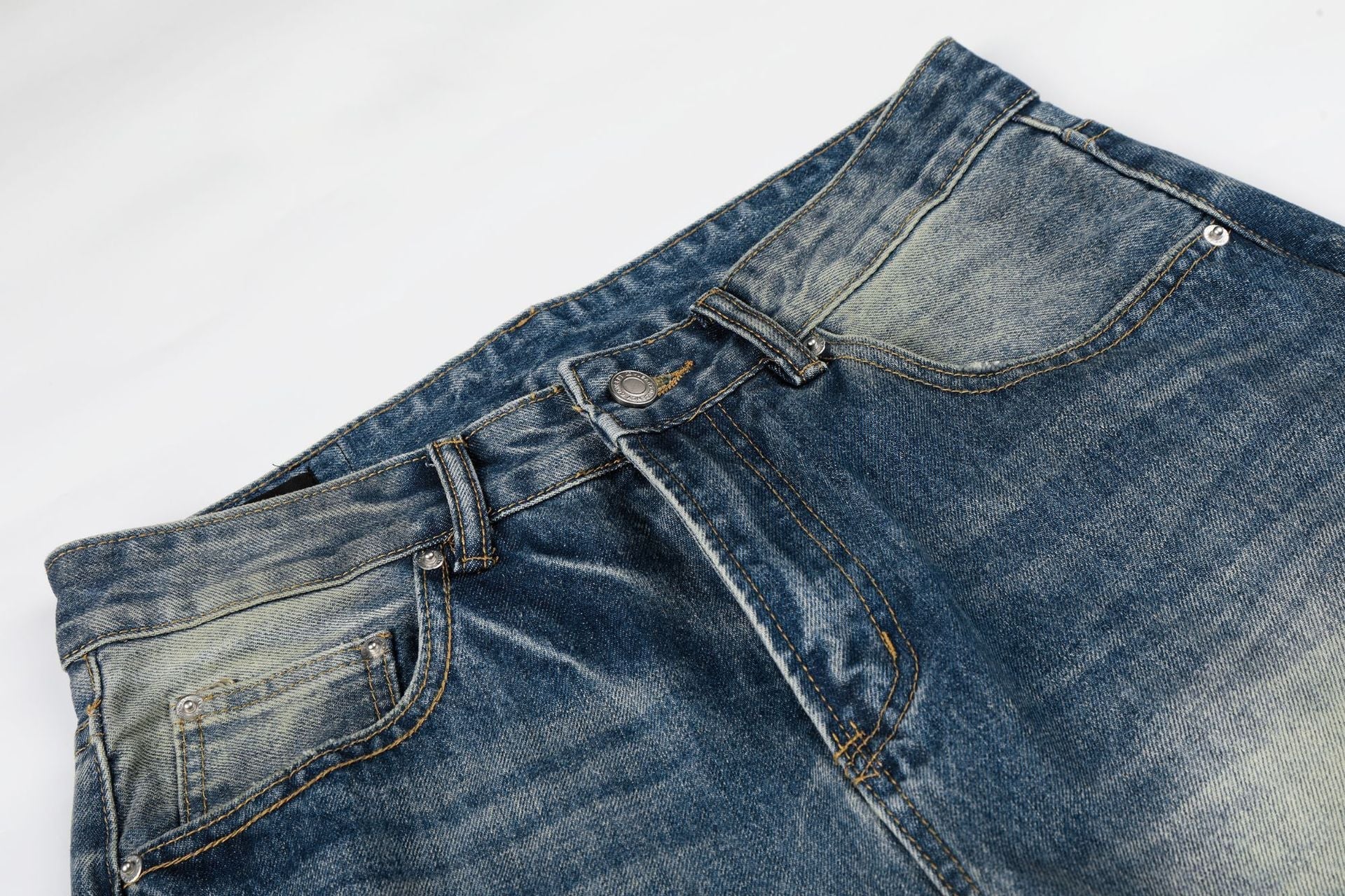 Washed Whisker Damage Wide Leg Denim Jeans