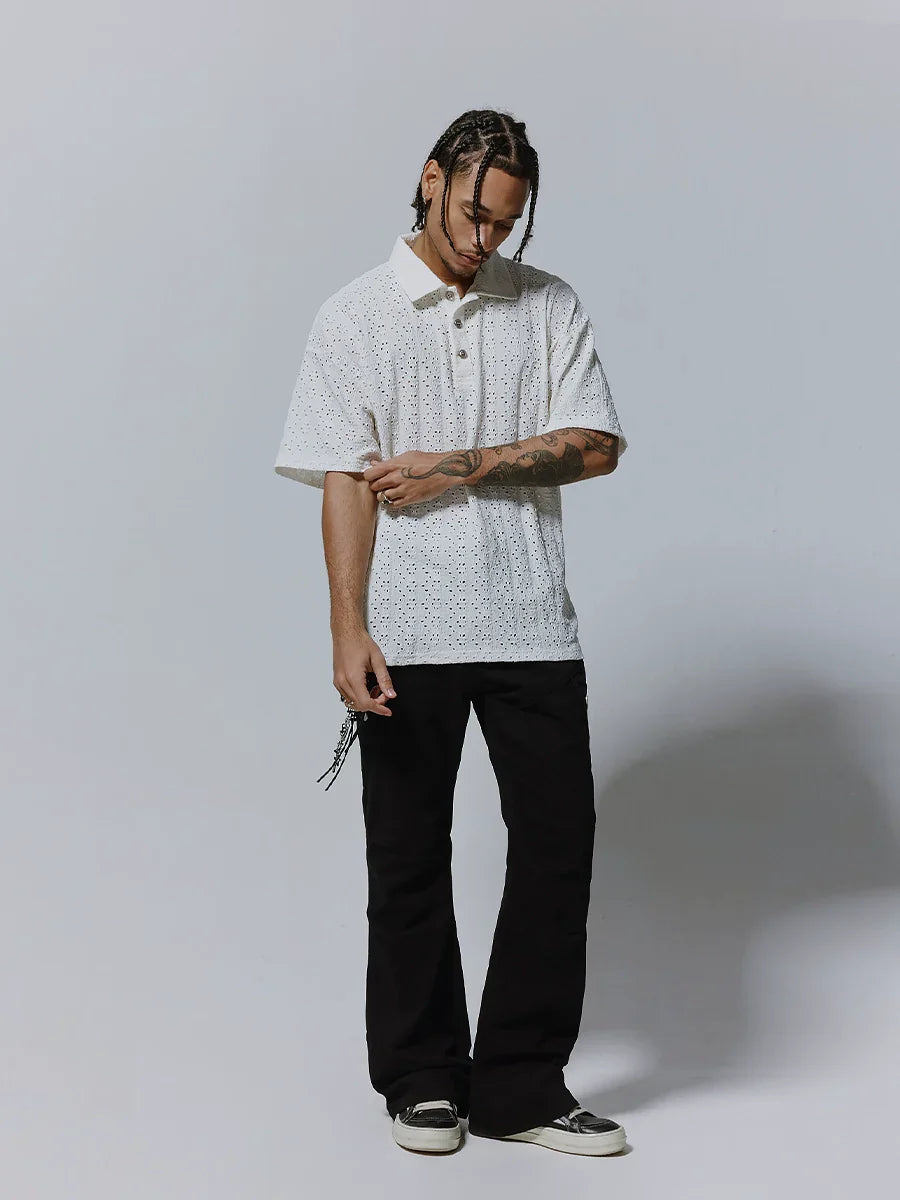 Hollow Design Oversize Short Sleeve Polo Shirt
