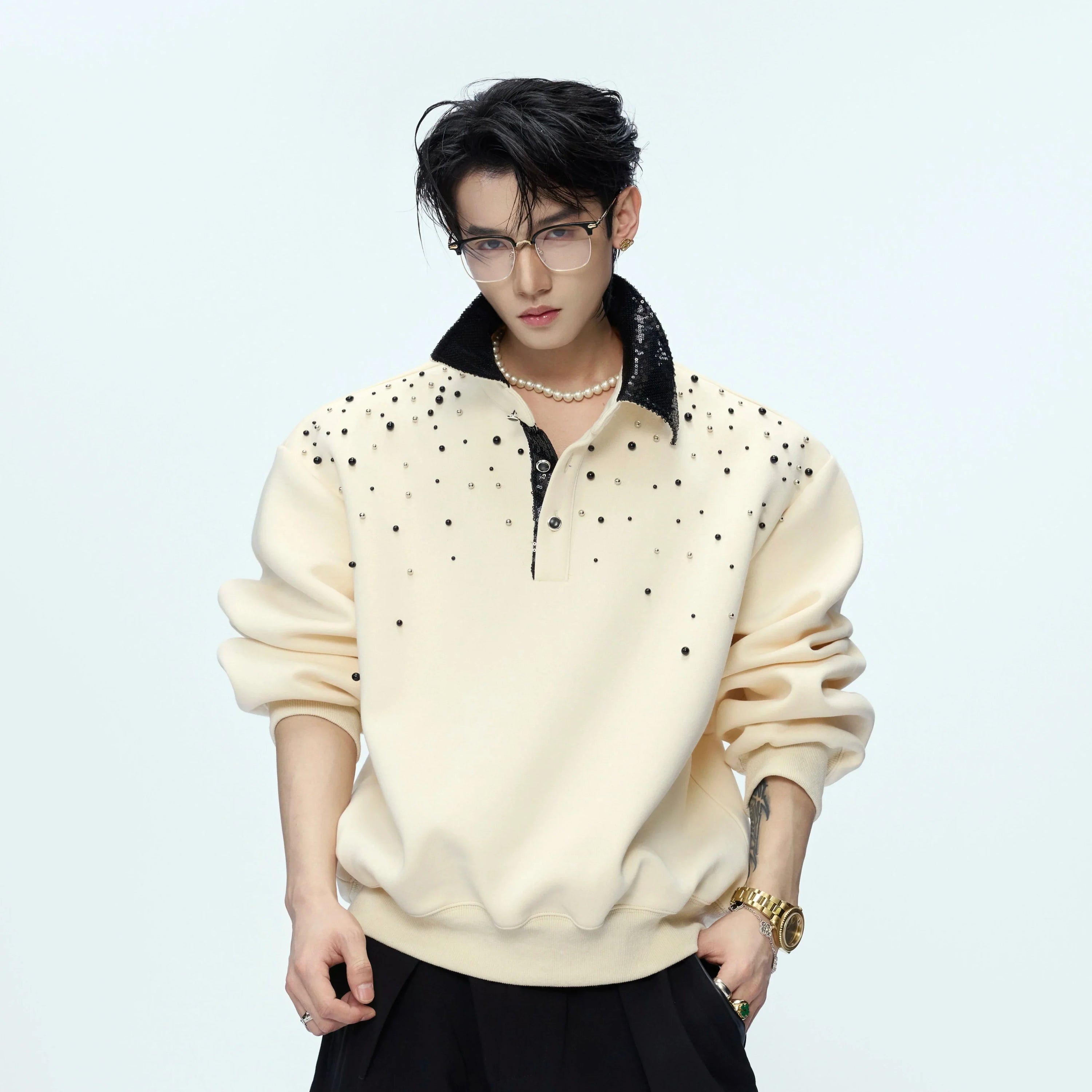 Pearl Sequin Long Sleeve Polo Shirt