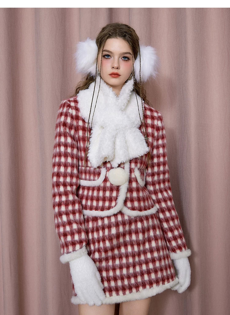 Christmas Plaid Tweed Jacket & Short Skirt Setup
