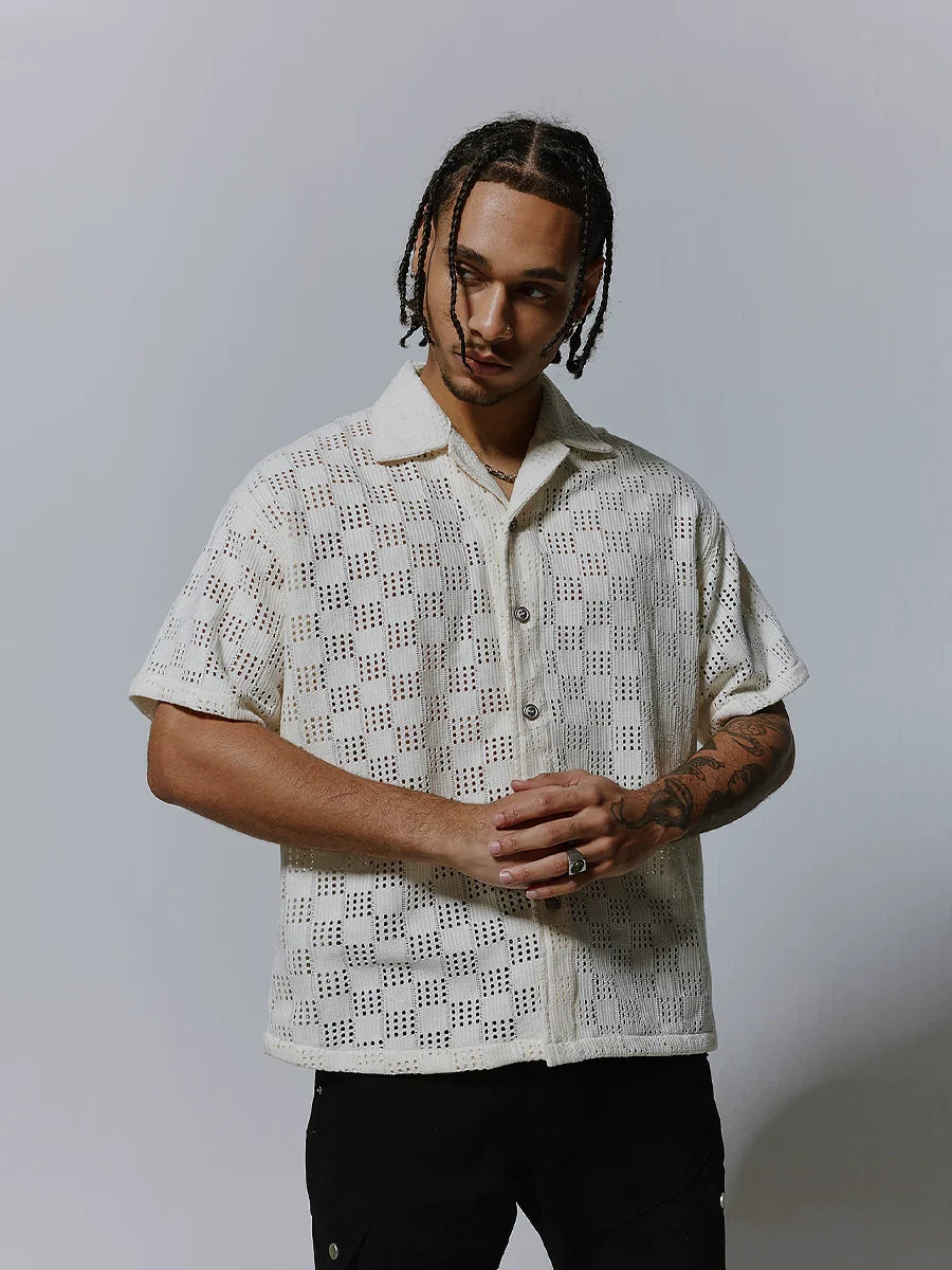 Cutout Cuban-Collar Short Sleeve Shirt
