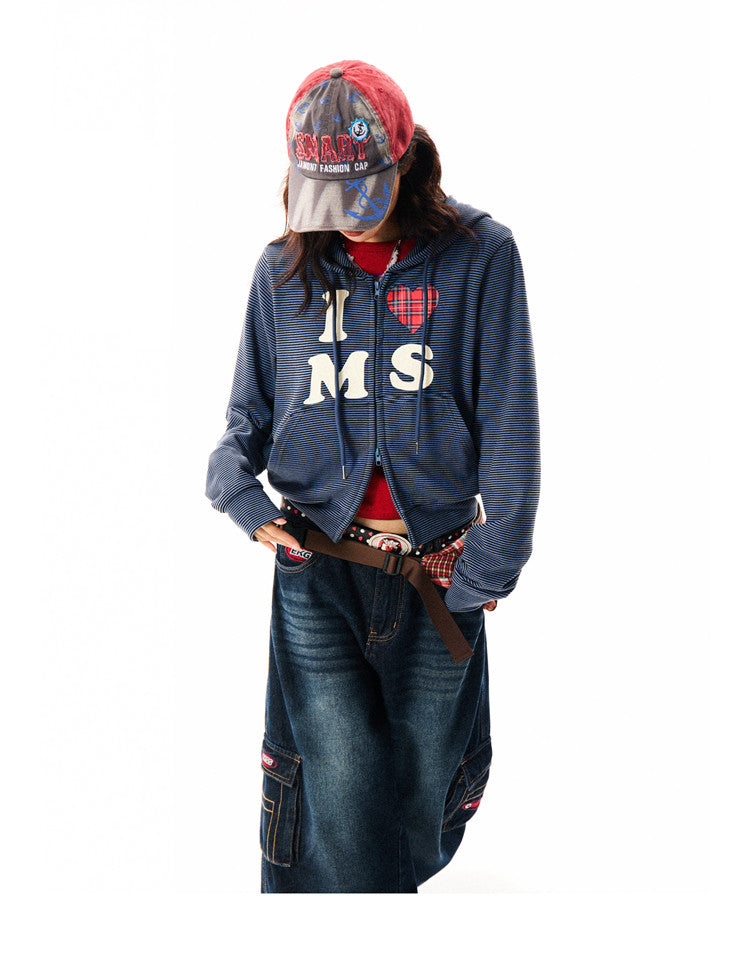 Heart Letter Print Stripe Cropped Zipper Hoodie