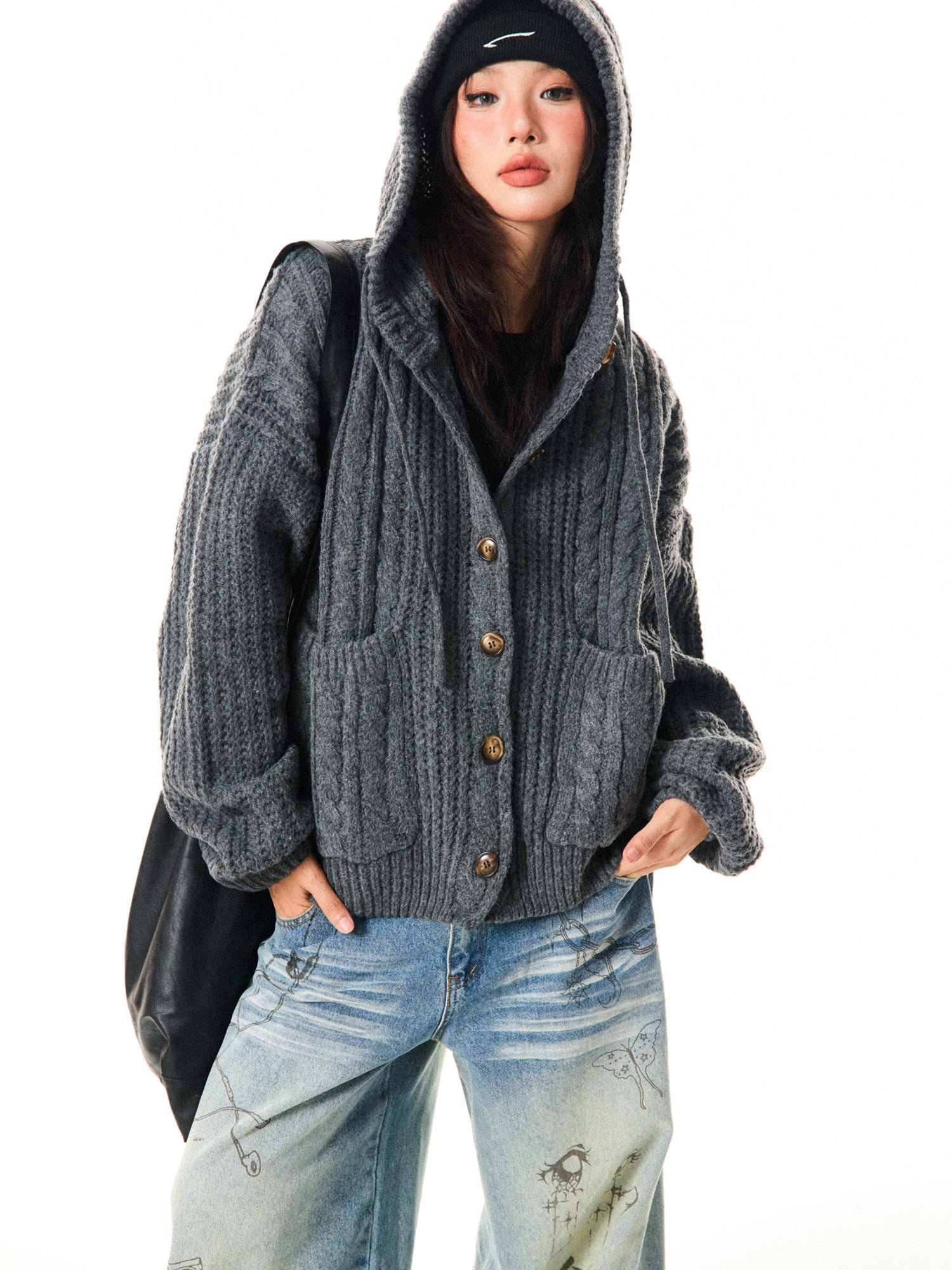 Hooded Button Oversize Cable Knit Cardigan
