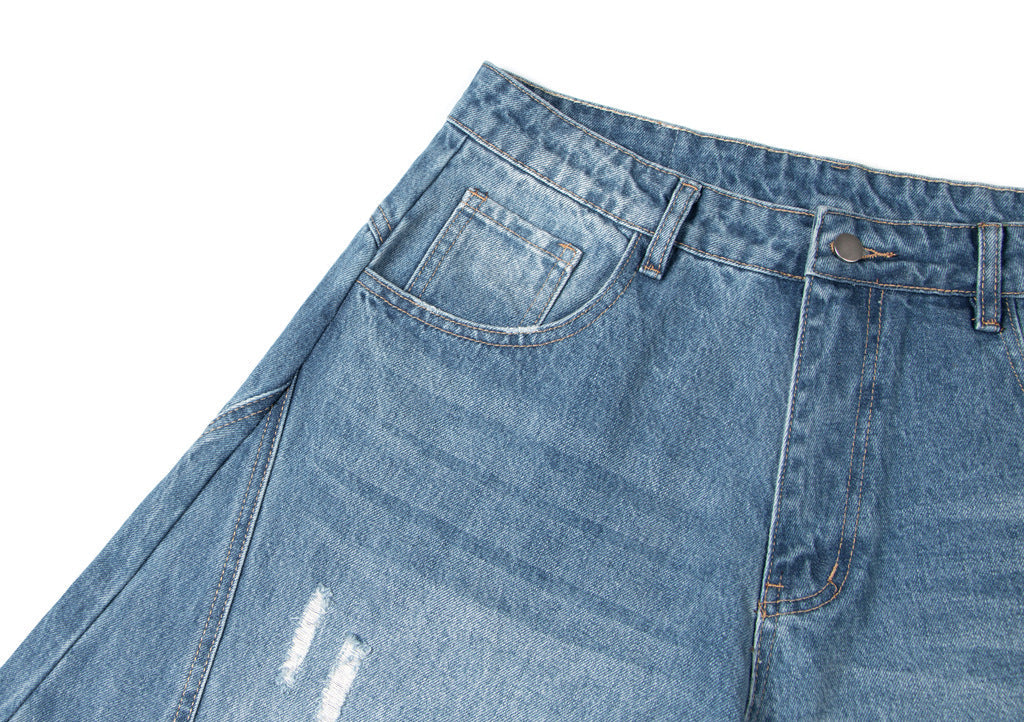Washed Panel Design Wide Leg Denim Jeans