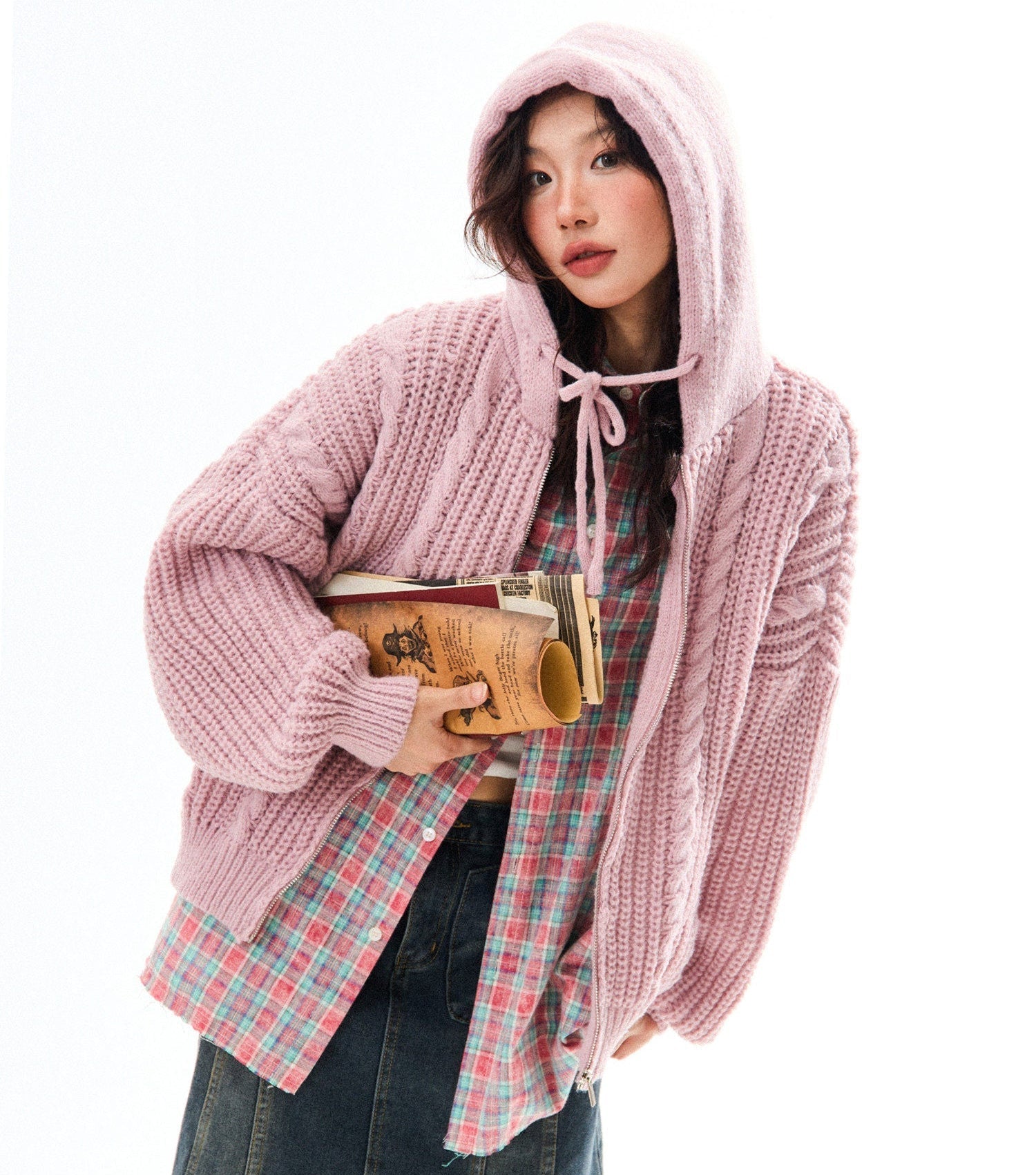 Chunky Knit Zipper Hooded Oversize Cardigan