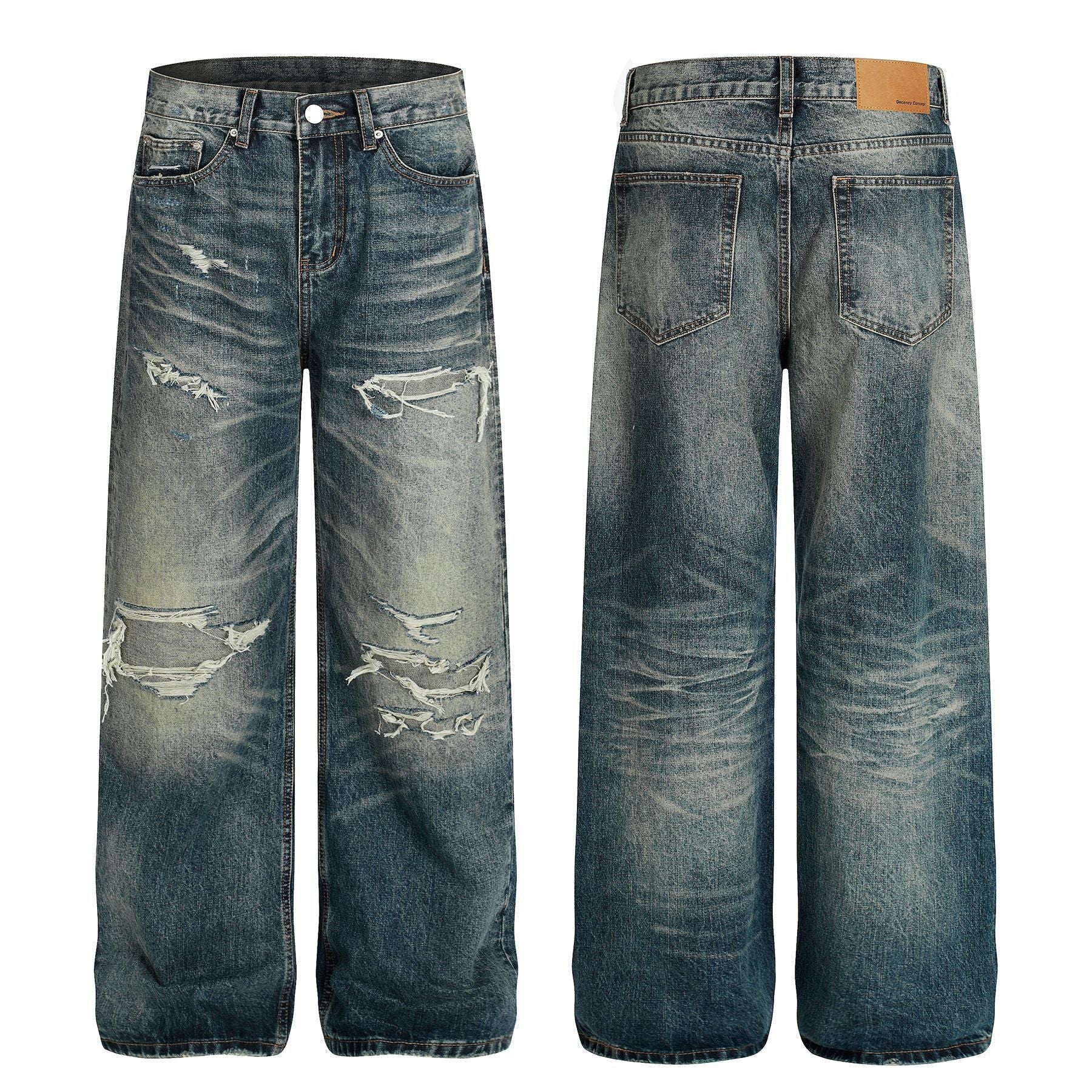 Damage Whisker Wash Straight Denim Jeans