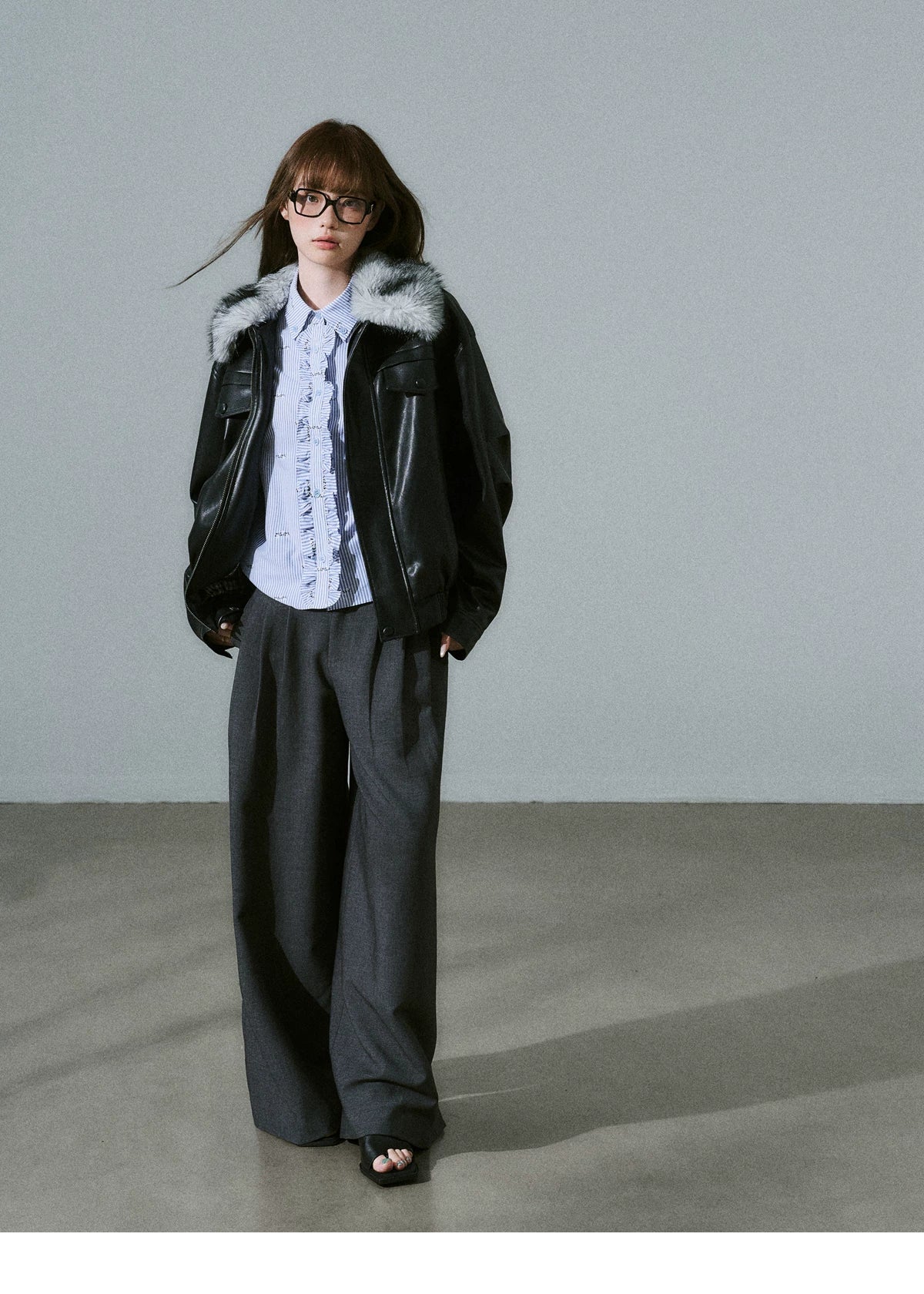 Ruffle Placket Striped Button-Up Long Sleeve Shirt
