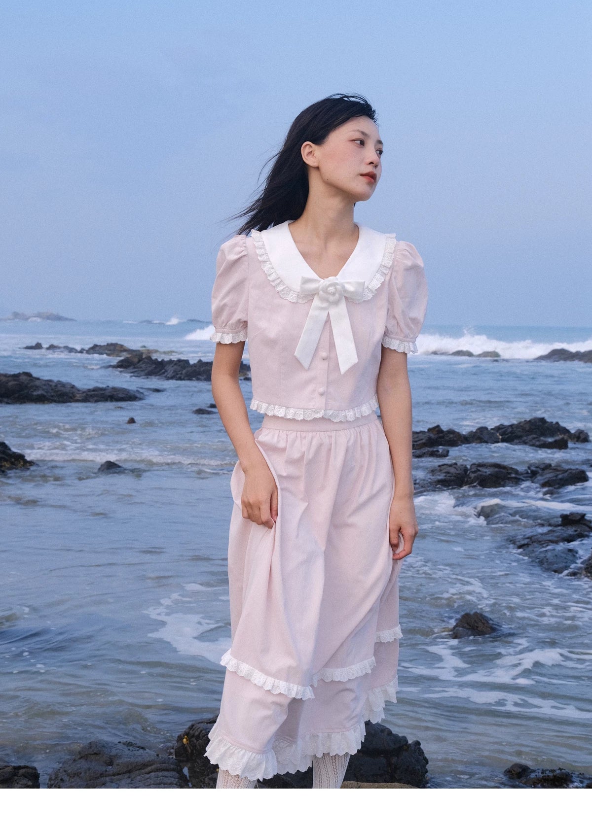 Lace Details Bow Blouse & Lace Trim Skirt Setup