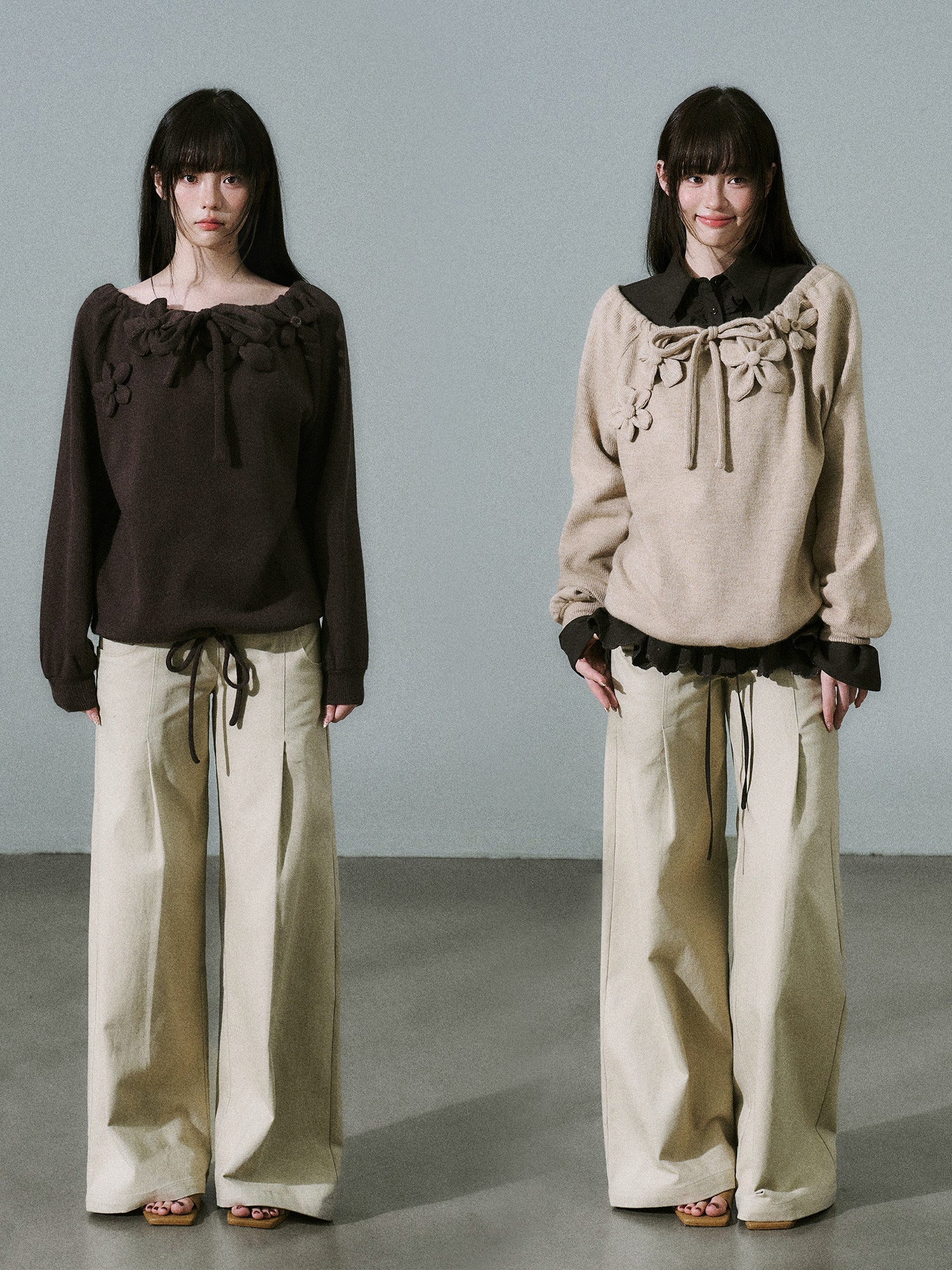 Handmade Flower Drawstring Wool Fake Layered Knit Sweater